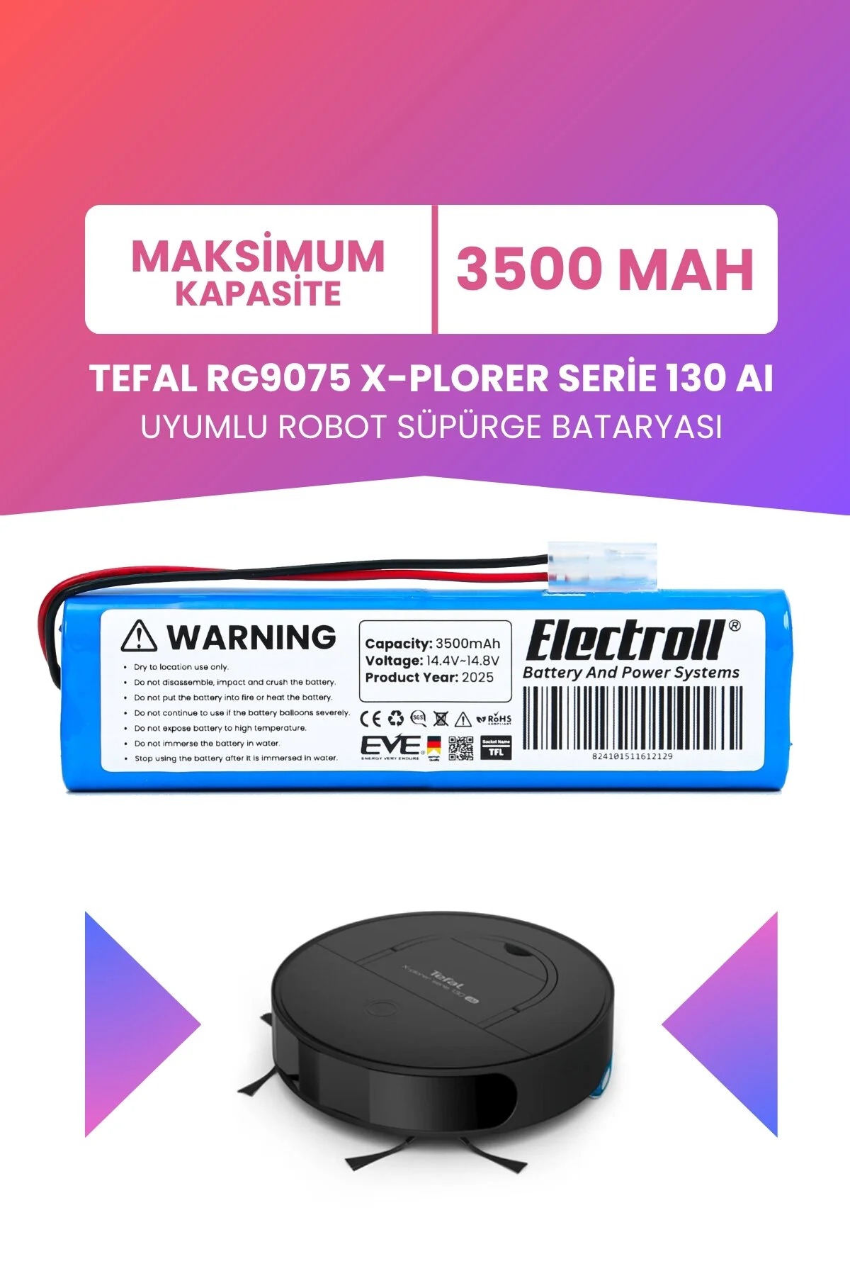 باتری و شارژر TEFAL RG9075 X PLORER SERIE 130 AI سازگار حداکثر ظرفیت جاروبرقی ربات 3500MAH ELECTROLL