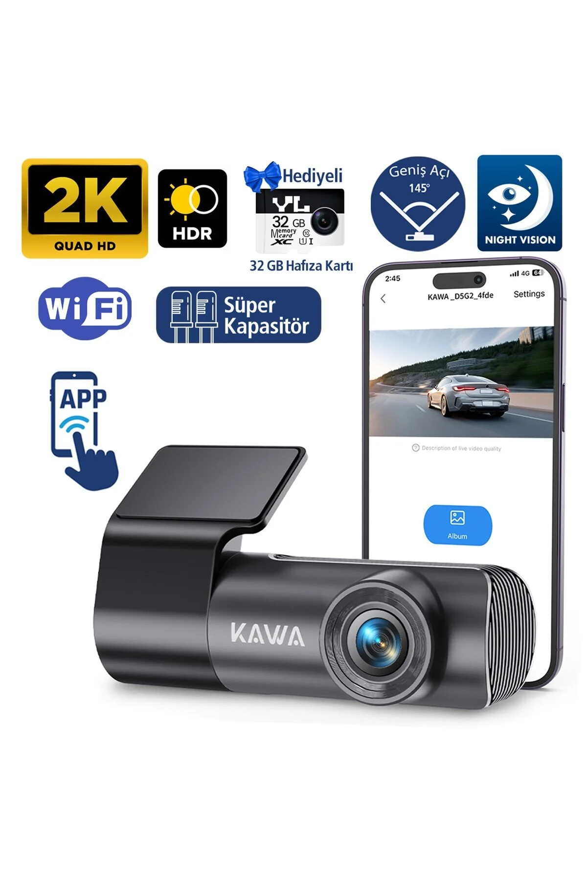 دوربین داشبورد خودرو هوشمند D5 GEN2 2K 1296P وای فای با لنز دید در شب واید 145 درجه کارت حافظه 32 گیگابایتی Kawa