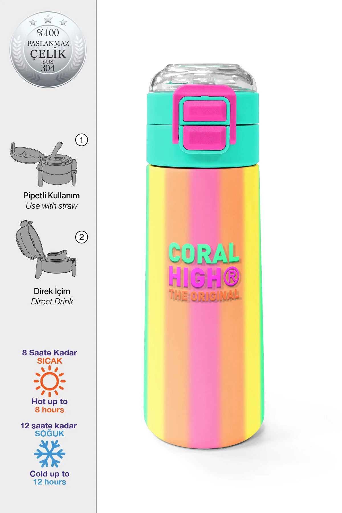 قمقمه و فلاسک بچه های لوله کشی رنگارنگ راه مستقیم STEEL THERMOS 500 ML 31873 Coral High
