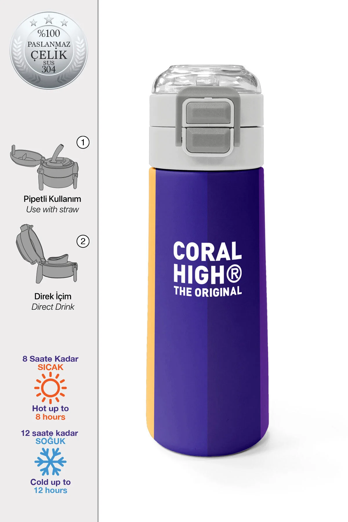 قمقمه و فلاسک استیل طرحدار راه رنگارنگ با نی نوشیدنی مستقیم 500 میلی لیتری 31874 Coral High