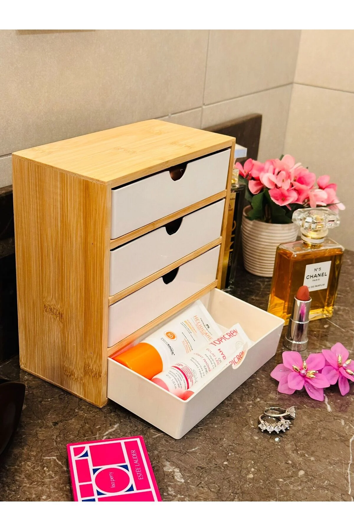 نظم‌دهنده لوازم آرایش و جواهر BAMBOO 4 کشو تنظیم کننده 9 18 19 سانتی متر MAKRİ HOME