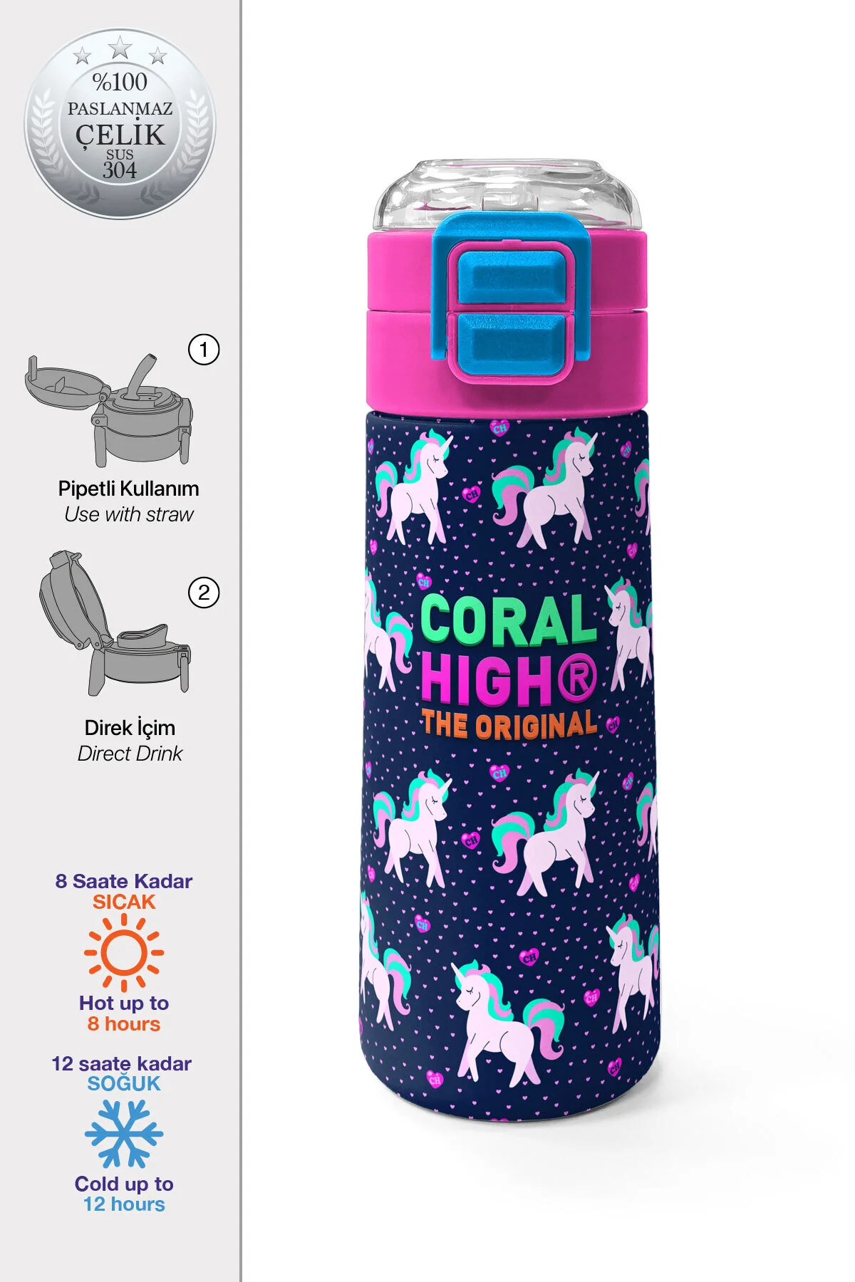 قمقمه و فلاسک استیل طرح تکشاخ صورتی آبی تیره با نی نوشیدنی مستقیم 500 میلی لیتری 31915 Coral High