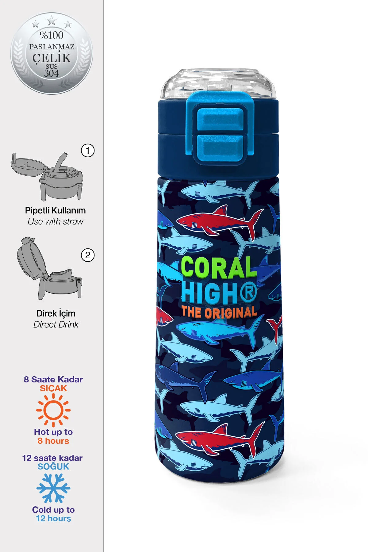 قمقمه و فلاسک استیل طرح کوسه آبی تیره با نی نوشیدنی مستقیم 500 میلی لیتری 31930 Coral High