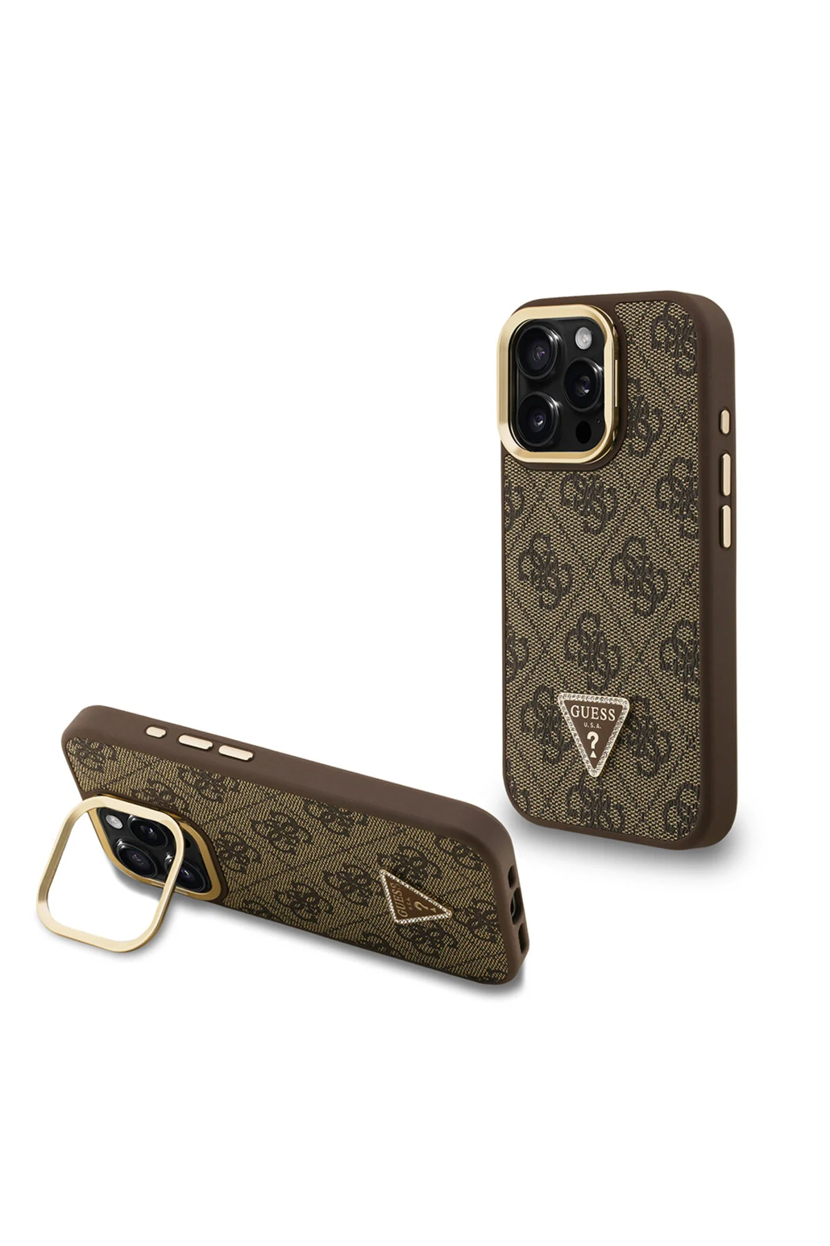 کاور و قاب سازگار با IPHONE 16 PRO MAX GUESS LICENSED TRIANGLE LOGO طرح 4G پایه دوربین قهوه ای Guess