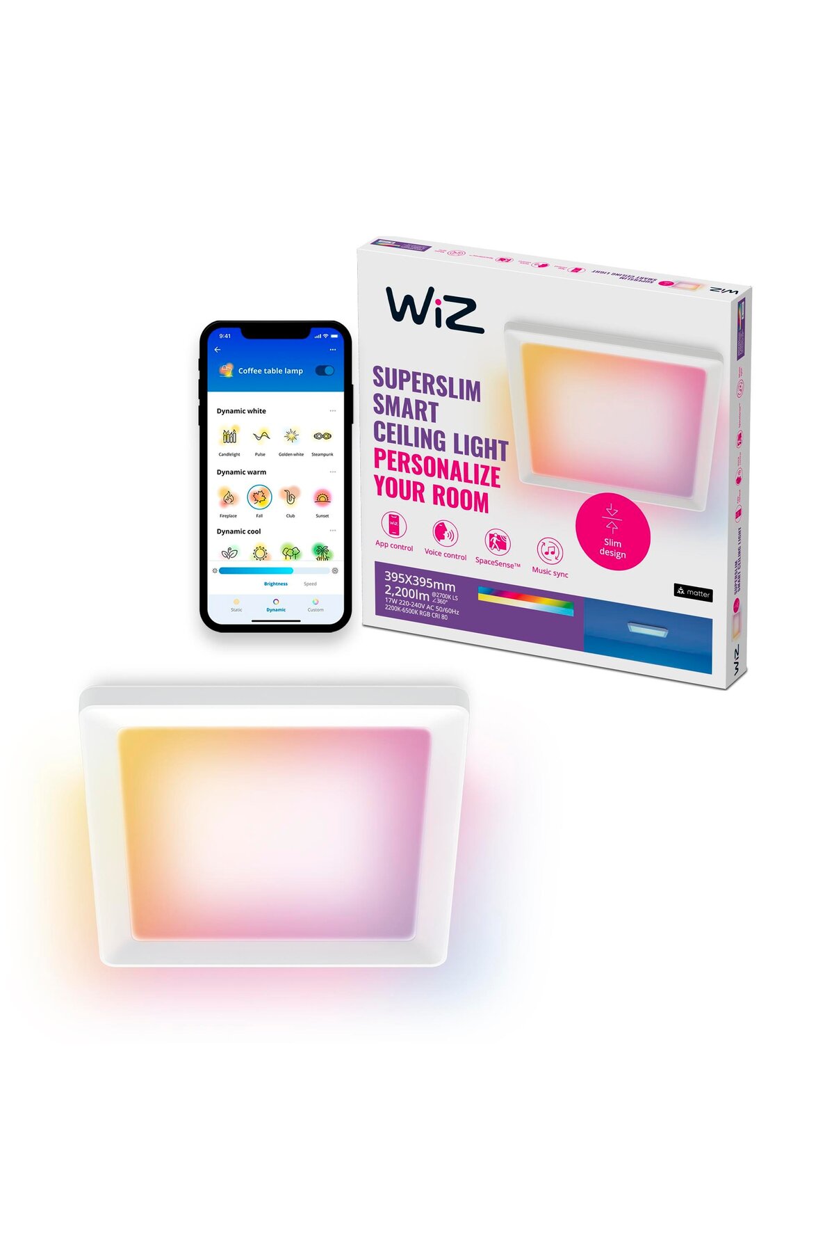 روشنایی هوشمند چراغ سقفی پانل مربعی RGB روی سطح سفید 17 وات Wiz