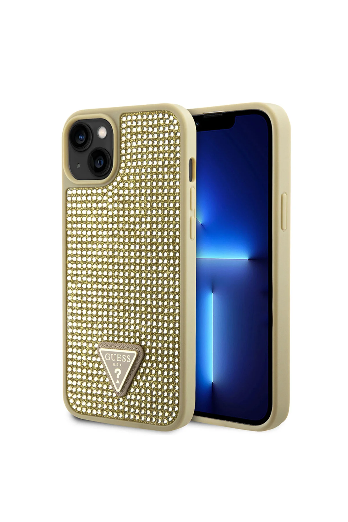 کاور و قاب سازگار با IPHONE 14 GUESS LICENSED STONE SURFACE SIANGLE LOGO COVER GOLD اورجینال Guess