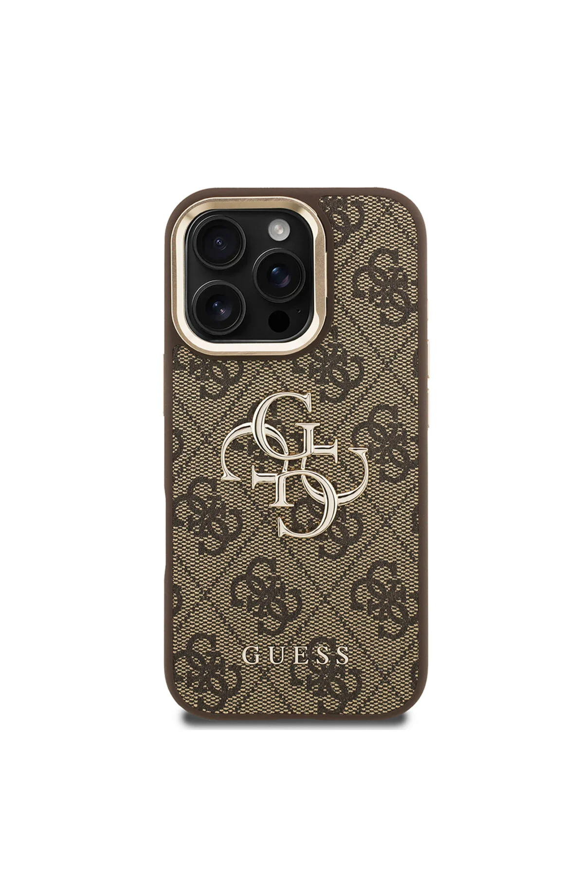 کاور و قاب سازگار با IPHONE 16 PRO MAX GUESS LICENSED METAL 4G لوگوی متنی روی پایه دوربین قهوه ای اورجینال Guess