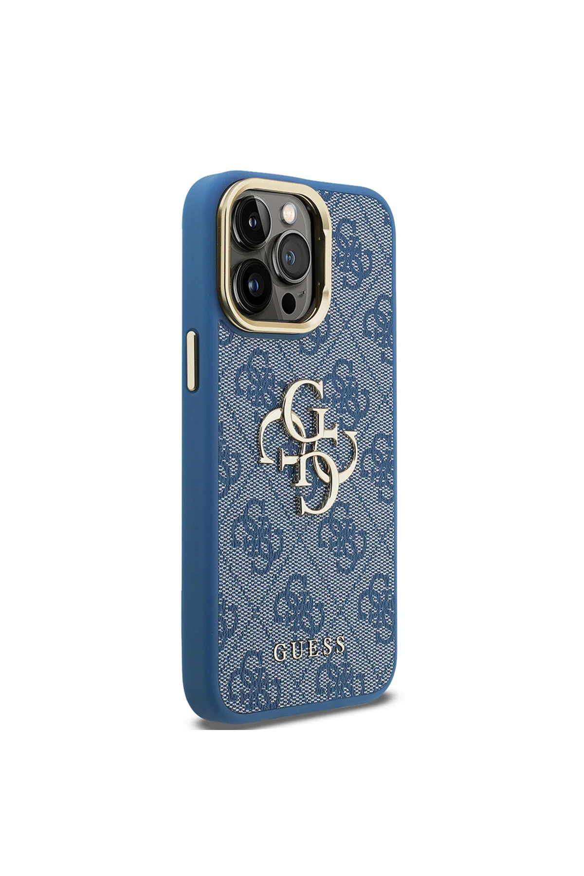 کاور و قاب سازگار با IPHONE 13 PRO MAX GUESS LICENSED METAL 4G لوگوی متنی پوشش پایه دوربین آبی اورجینال Guess