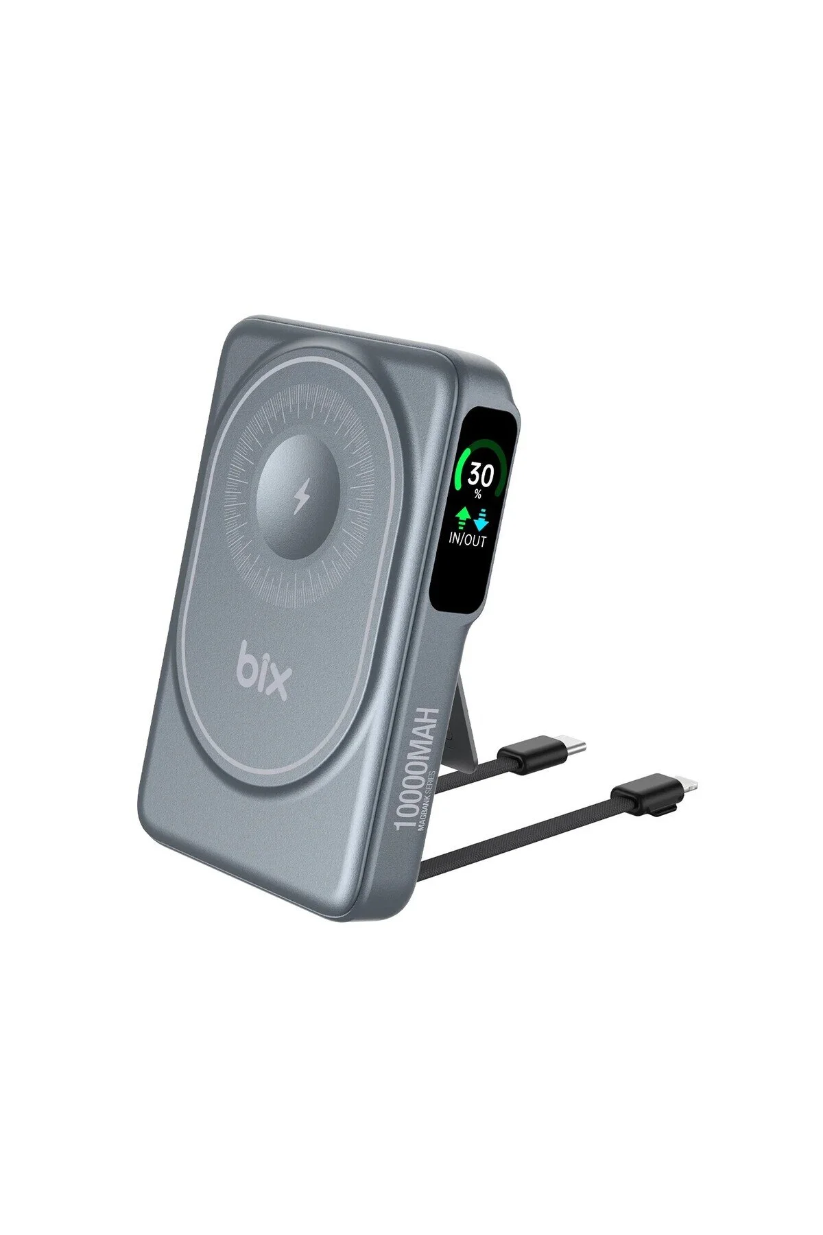پاوربانک 10 000 MAY صفحه نمایش مغناطیسی بی سیم POWERBANK 20W PD شارژ سریع و 15W MAGSAFE GREY Bix