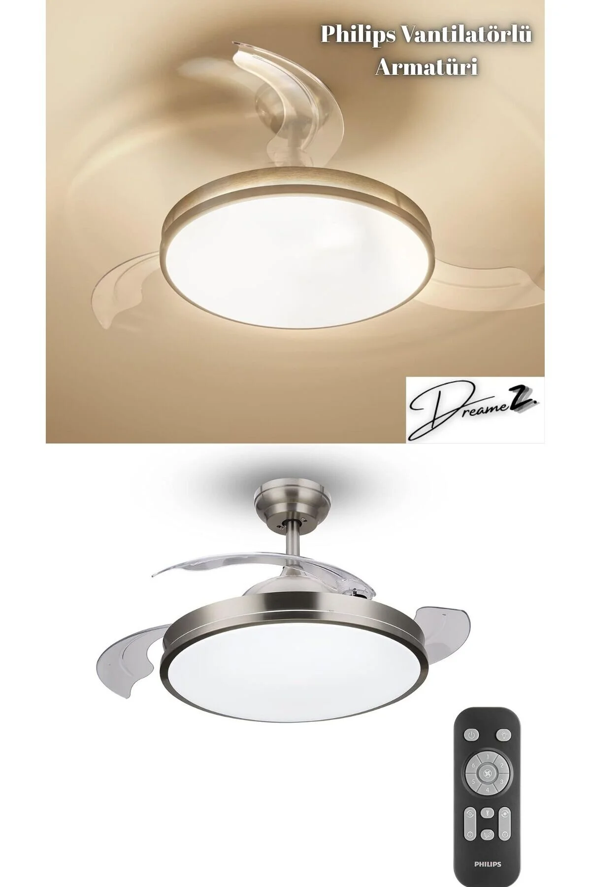 آرمتور DRM ATLAS DC فن سقفی با نور سفید بالدار کنترل شده و زرد باز فیلیپس Philips