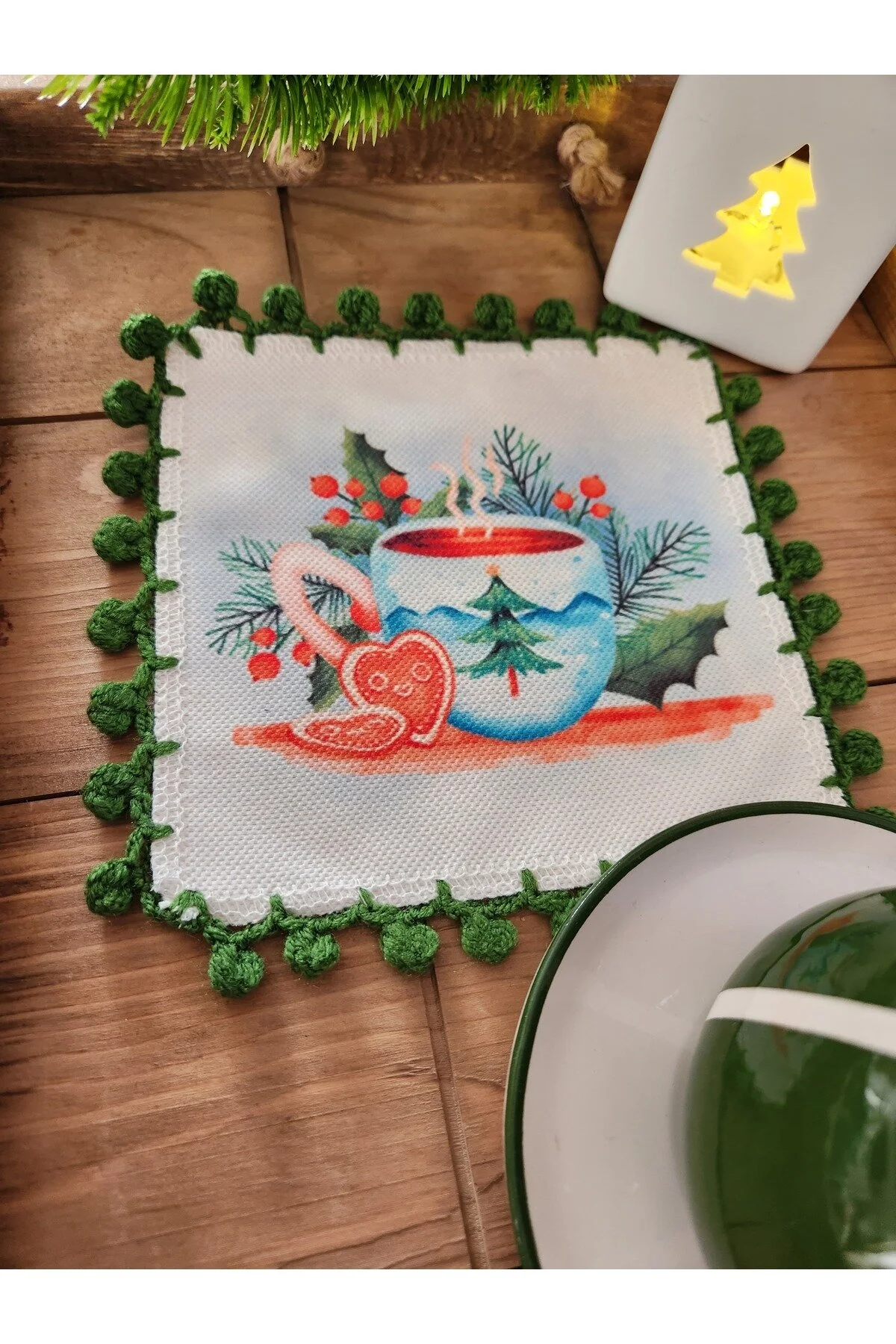 رانر و زیر بشقابی قهوه با دستمزد همچنین دستمال ارائه 15X15 سانتی متر سبز پومپوم Elioure