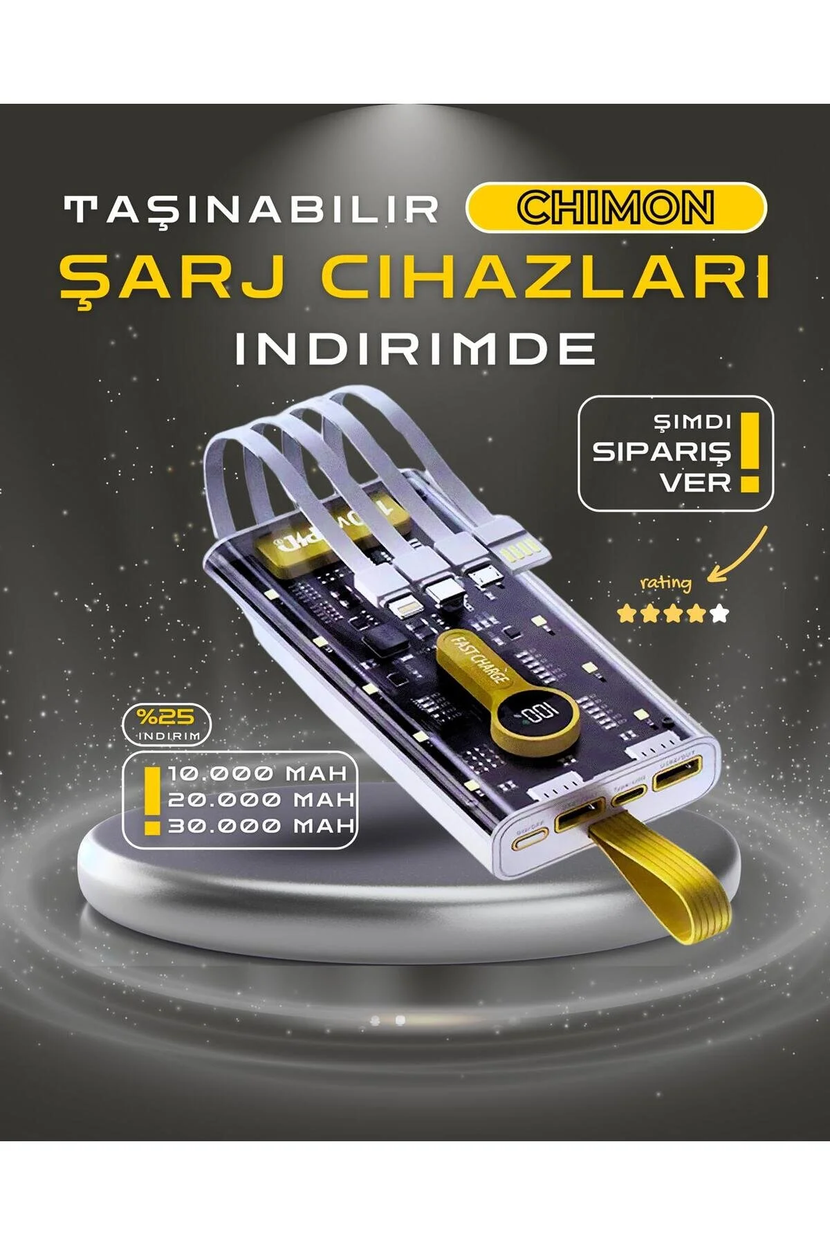 پاوربانک 20.000 میلی آمپر ساعت 35W نشانگر دیجیتال PRIME داخلی چندین کابل POWERBANK سیاه و قابل حمل شارژر chimon