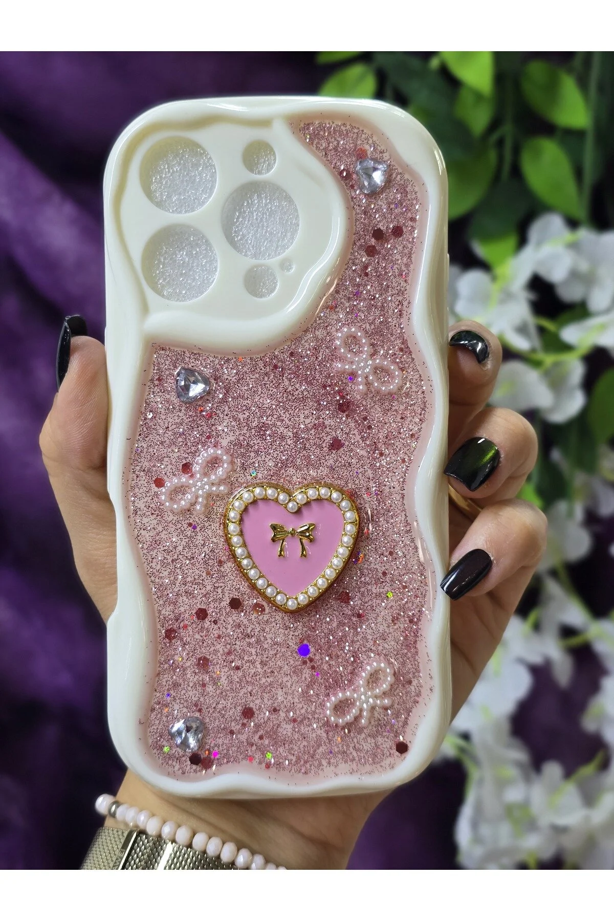 کاور و قاب گوشی شیک با جزئیات قلب براق صورتی مروارید روبان سازگار IPHONE 16 PRO Magic Ring