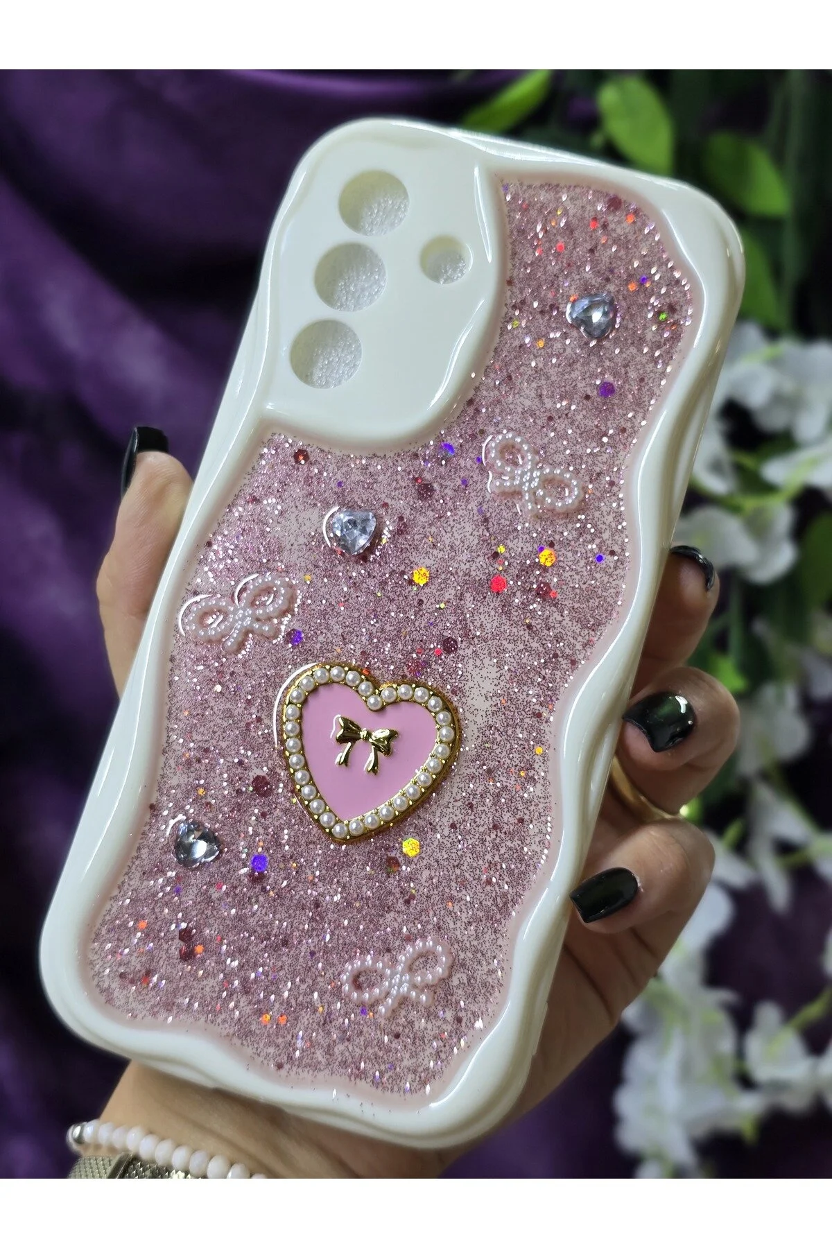 کاور و قاب گوشی شیک با جزئیات قلب براق صورتی مروارید روبان سازگار SAMSUNG GALAXY A36 Magic Ring