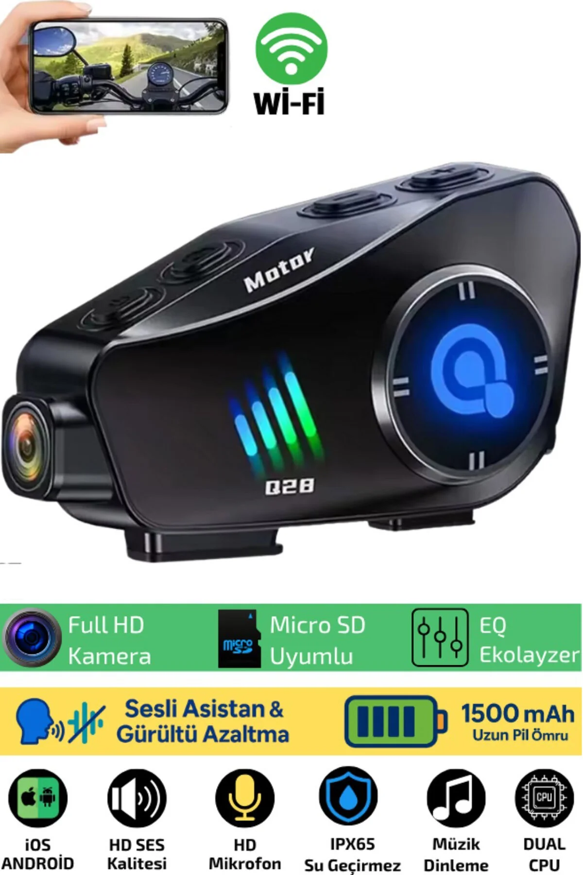اینترکام هدفون کلاه ایمنی BLUETOOTH Q28 1080P VIDEO INTERCHOM ضد آب هدست موتور نمایشگر LCD DigiMonster
