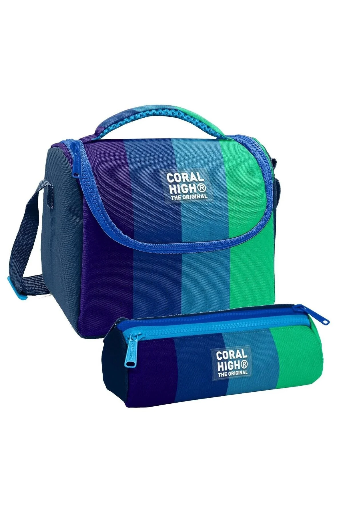 کیف ناهار جعبه راه سبز سرمه ای پسرانه و ست جا خودکار سه محفظه Coral High