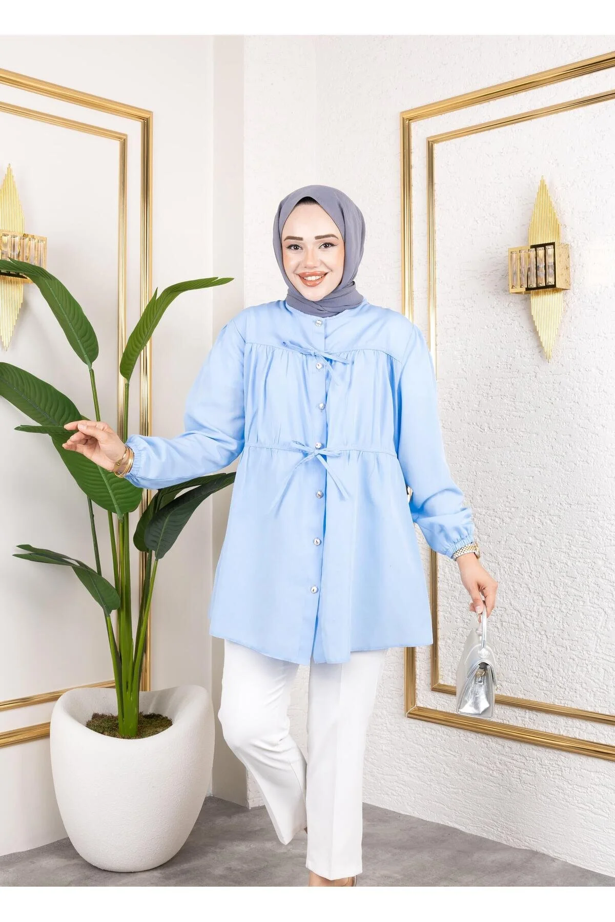 پیراهن بلوز دکمه دار زنانه آبی ای HARMAN BUTİK