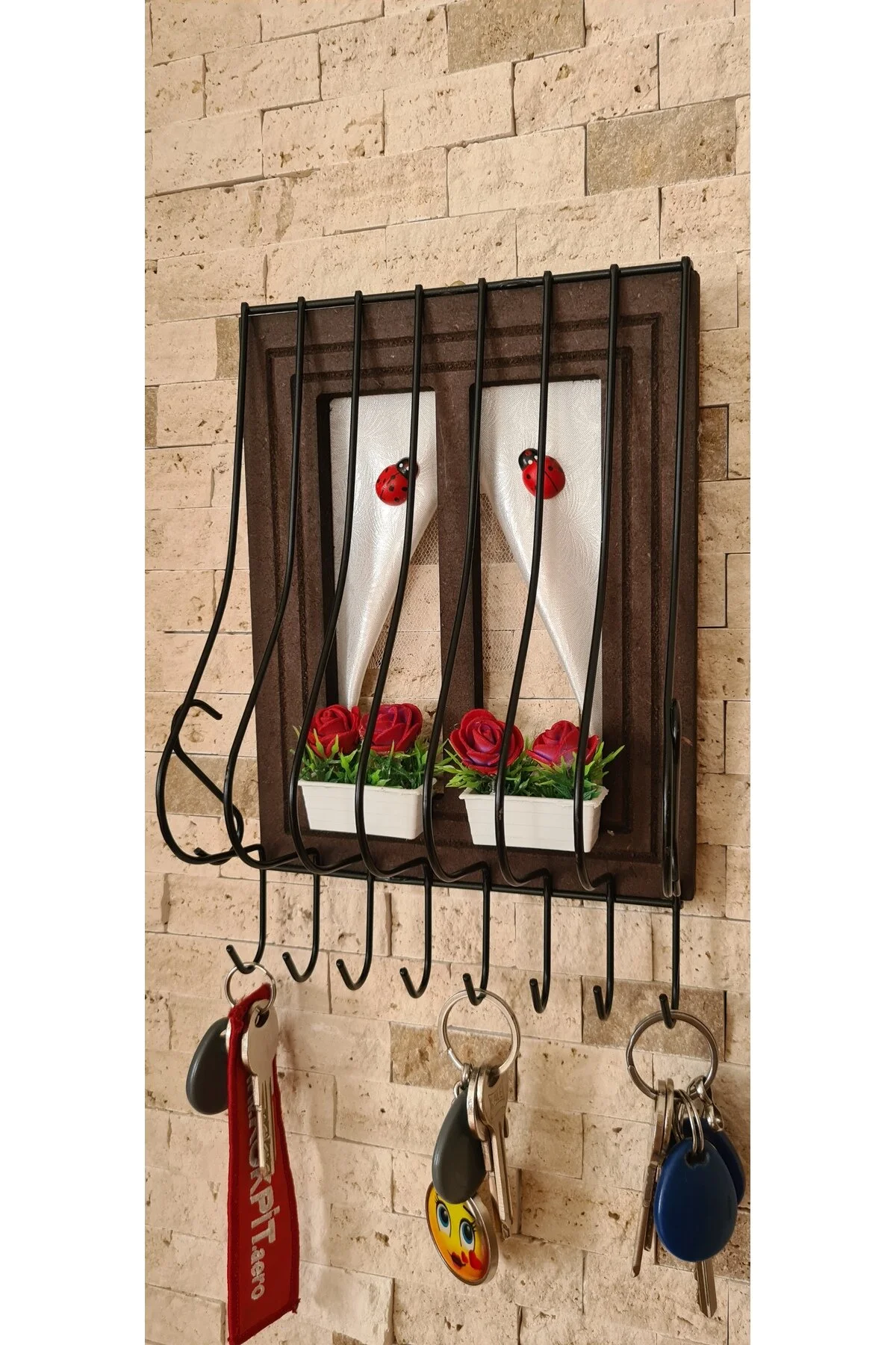 جلیقه کلید مدل پنجره چوبی جا کلیدی درب نوع دیواری قهوه ای 21X16CM AHŞAP ATÖLYE