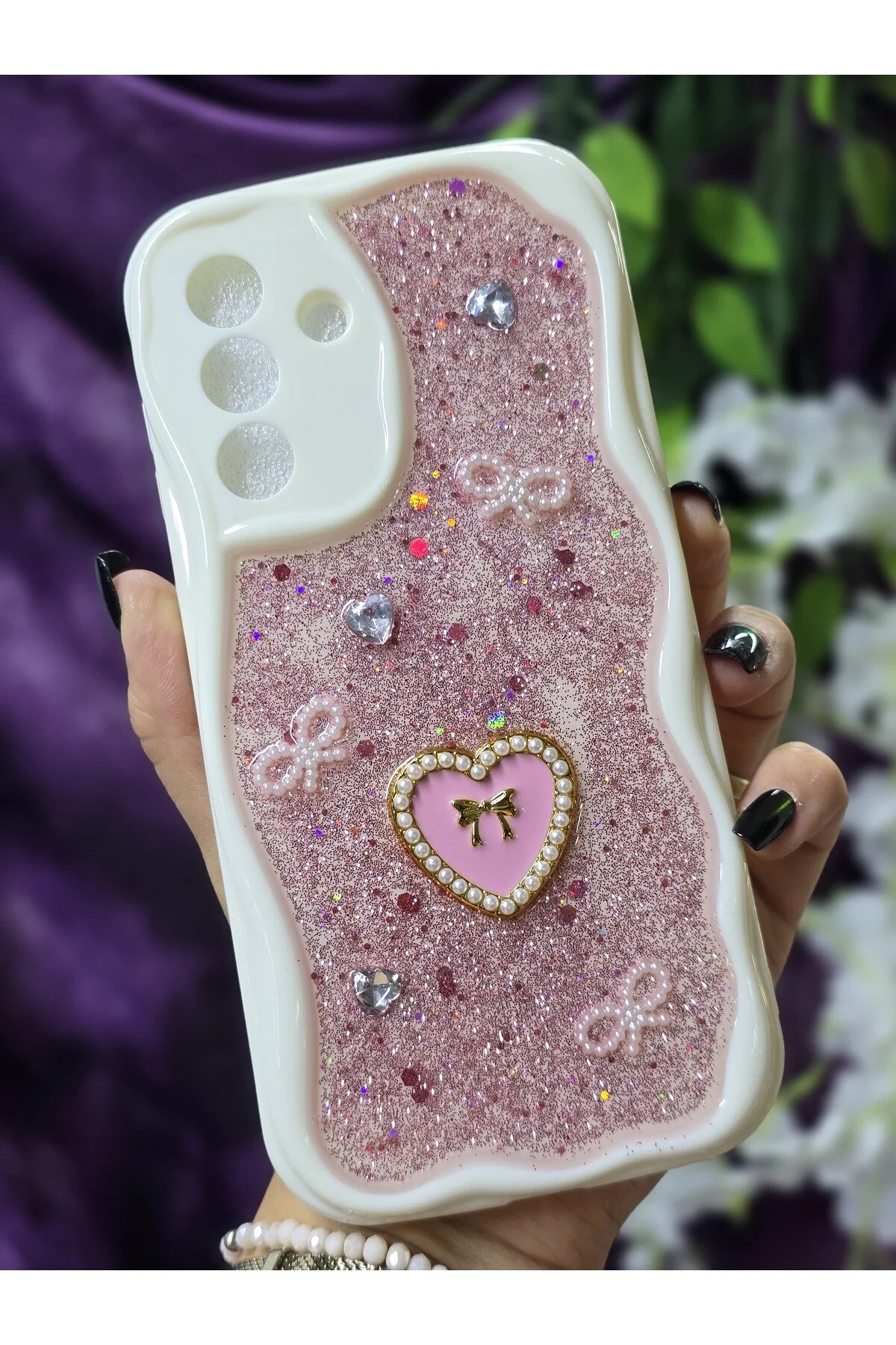 کاور و قاب گوشی شیک با جزئیات قلب براق صورتی مروارید روبان سازگار SAMSUNG GALAXY A36 Magic Ring