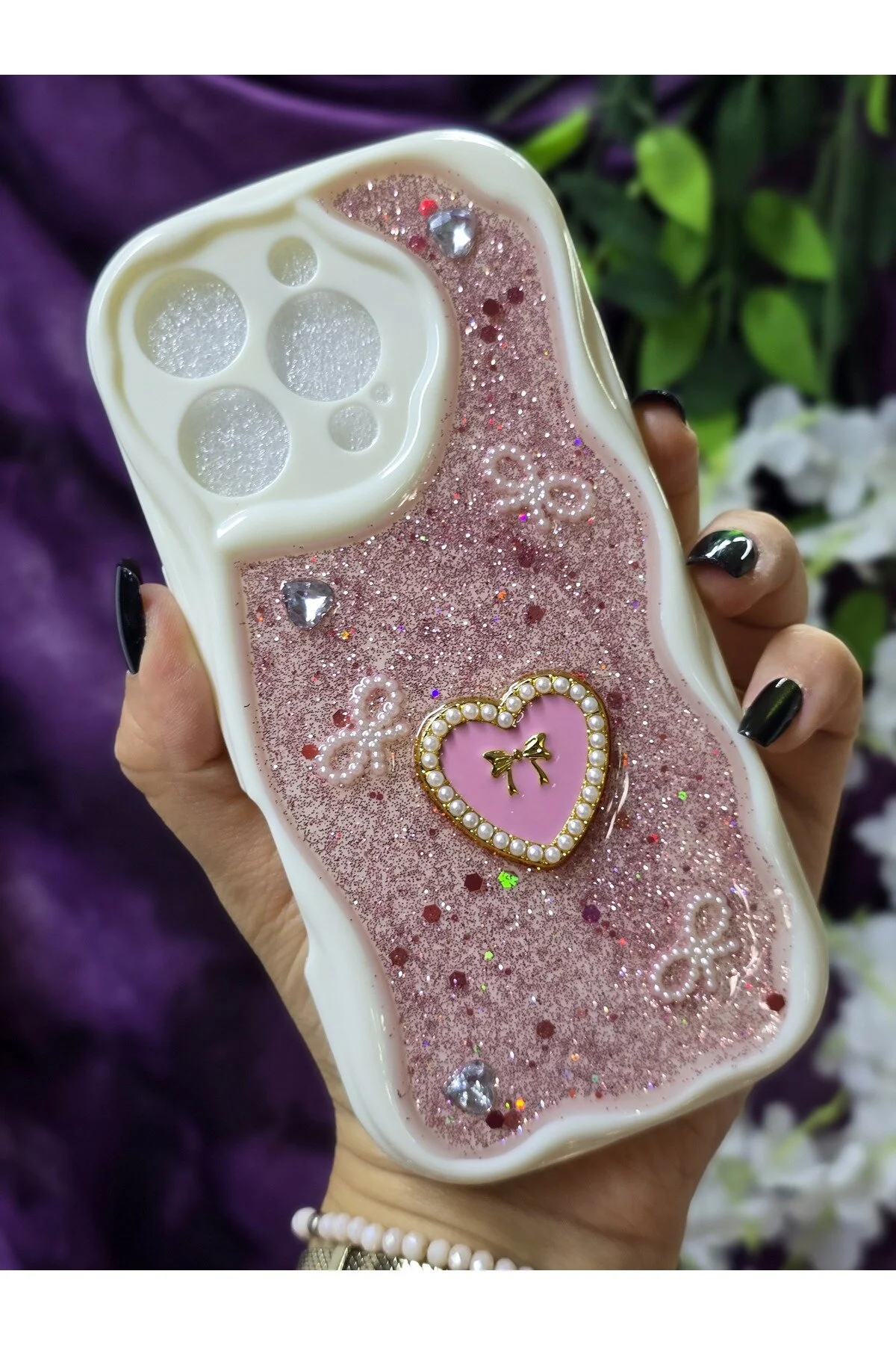کاور و قاب گوشی شیک با جزئیات قلب براق صورتی مروارید روبان سازگار IPHONE 16 PRO Magic Ring