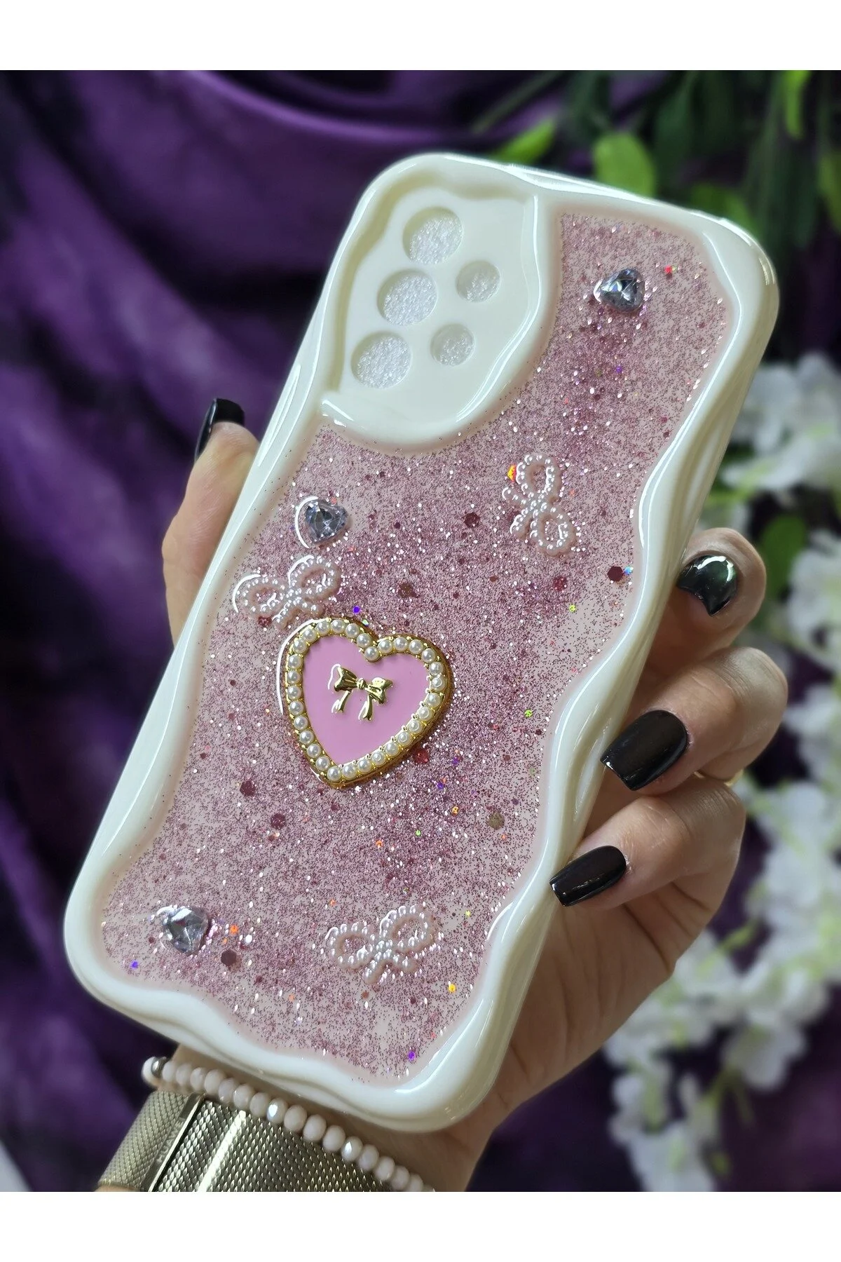 کاور و قاب گوشی شیک با جزئیات قلب براق صورتی مروارید روبان سازگار SAMSUNG GALAXY A32 Magic Ring