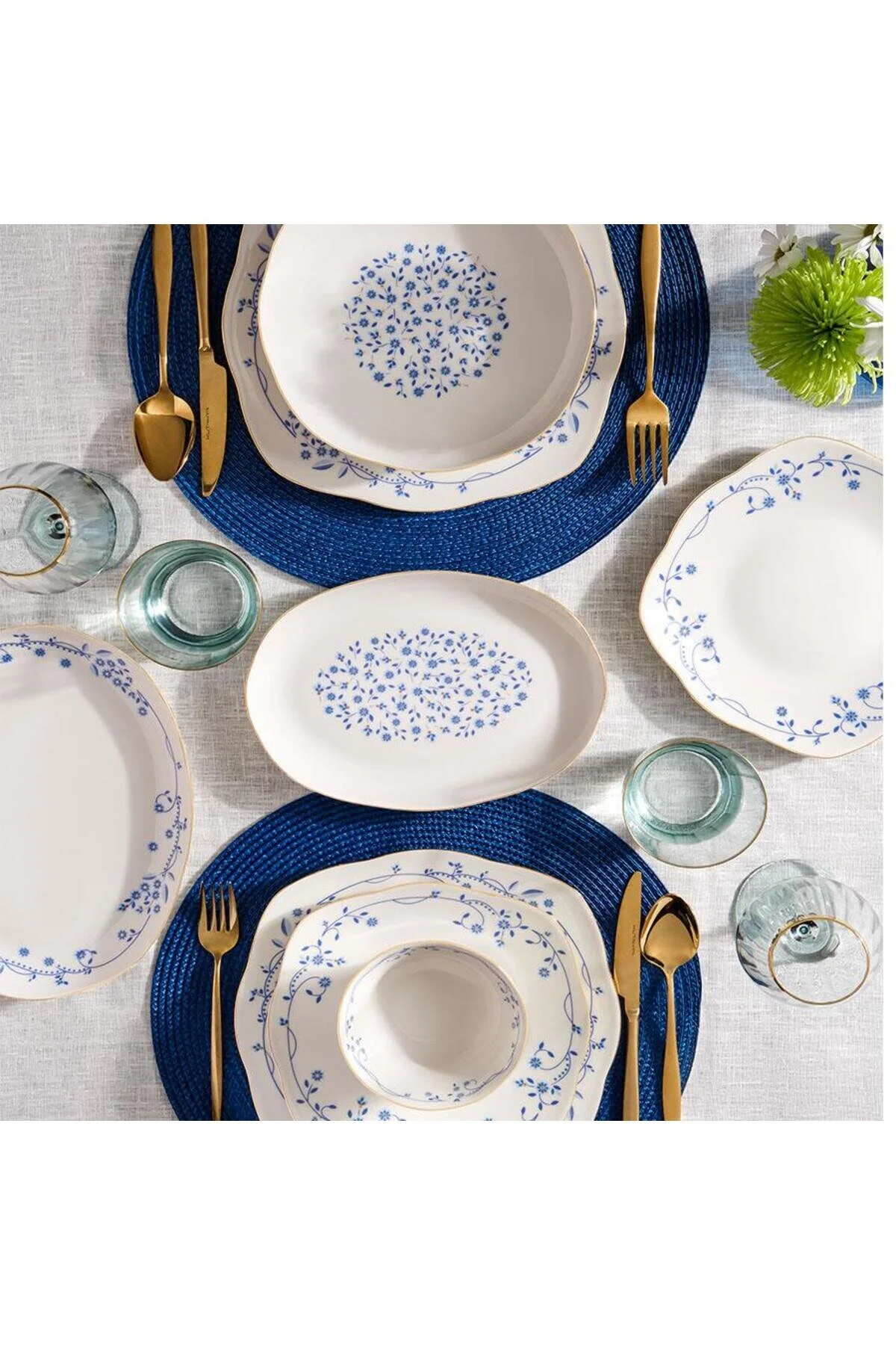 سرویس غذاخوری PORCELAIN BONE 51 قطعه شام ​​مجموعه گل آبی Kütahya Porselen