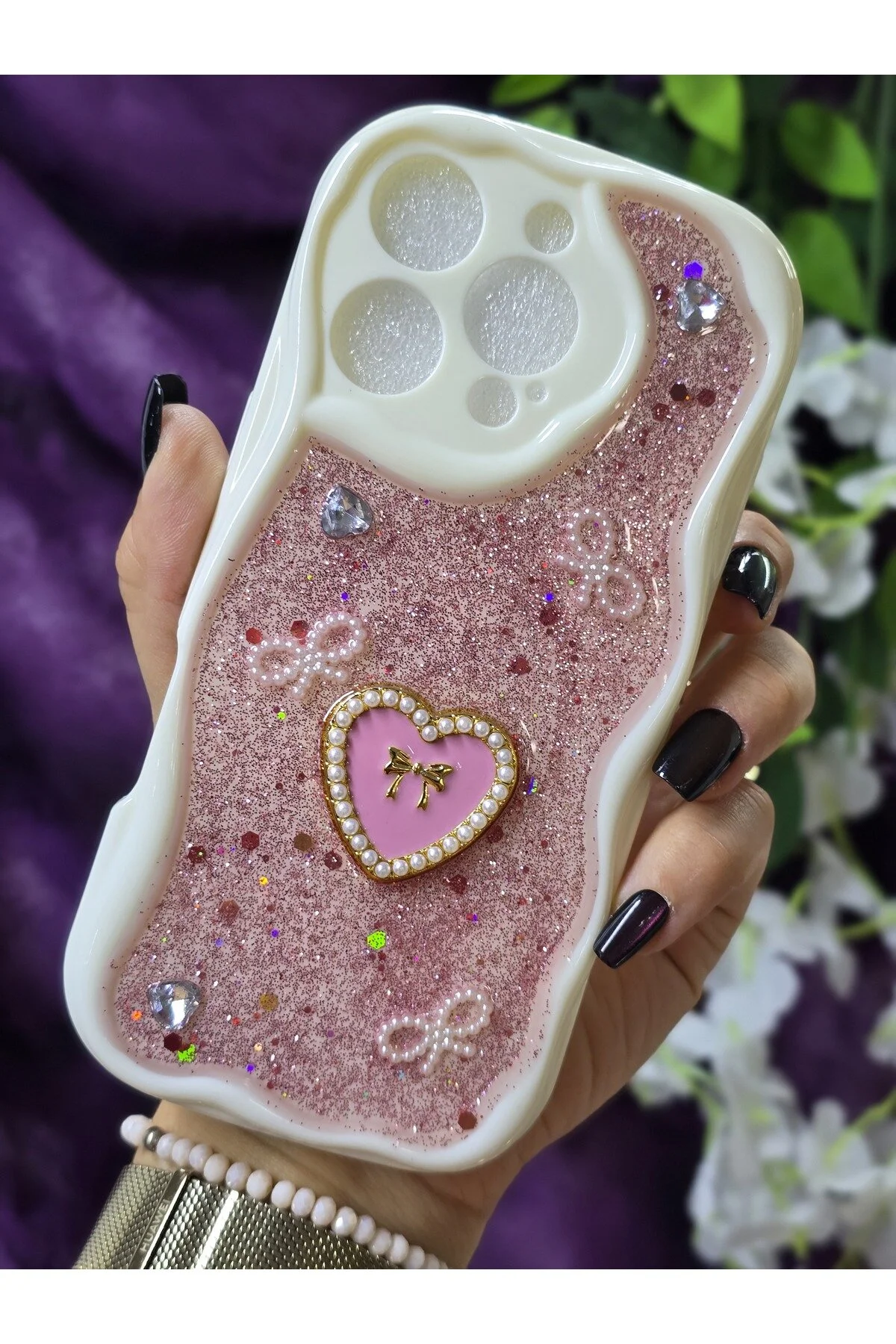 کاور و قاب گوشی شیک با جزئیات قلب براق صورتی مروارید روبان سازگار IPHONE 16 PRO Magic Ring