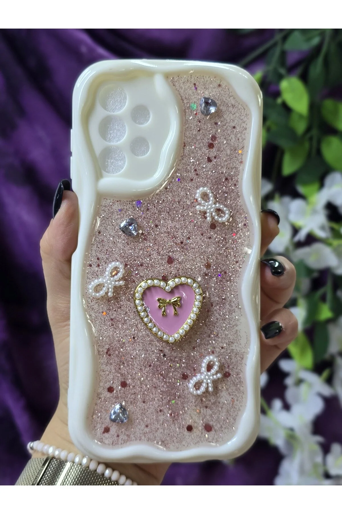 کاور و قاب گوشی شیک با جزئیات قلب براق صورتی مروارید روبان سازگار SAMSUNG GALAXY A13 Magic Ring