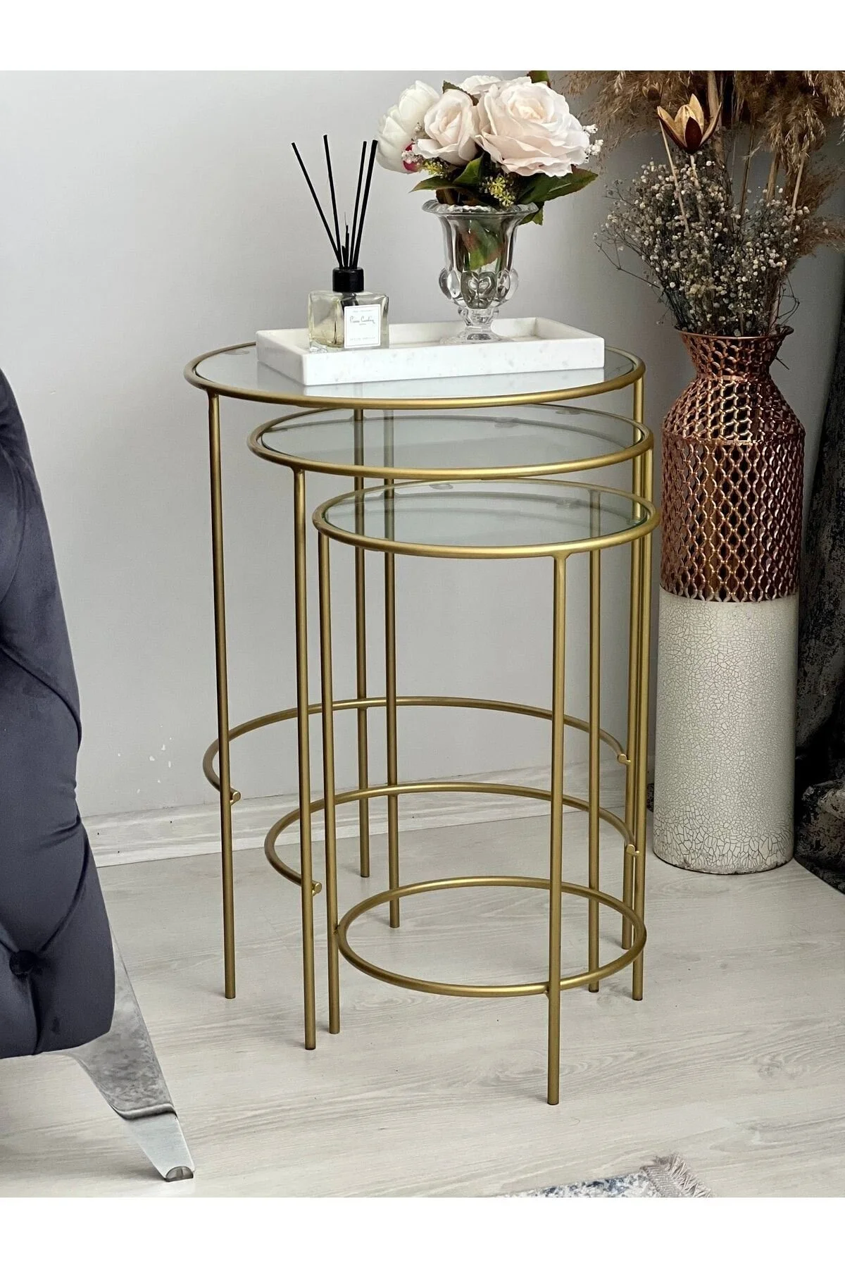 میزهای تودرتو زیگون میز قهوه جانبی ZIGON MARS 3 دور GOLD SHAFFAF AssuCasa