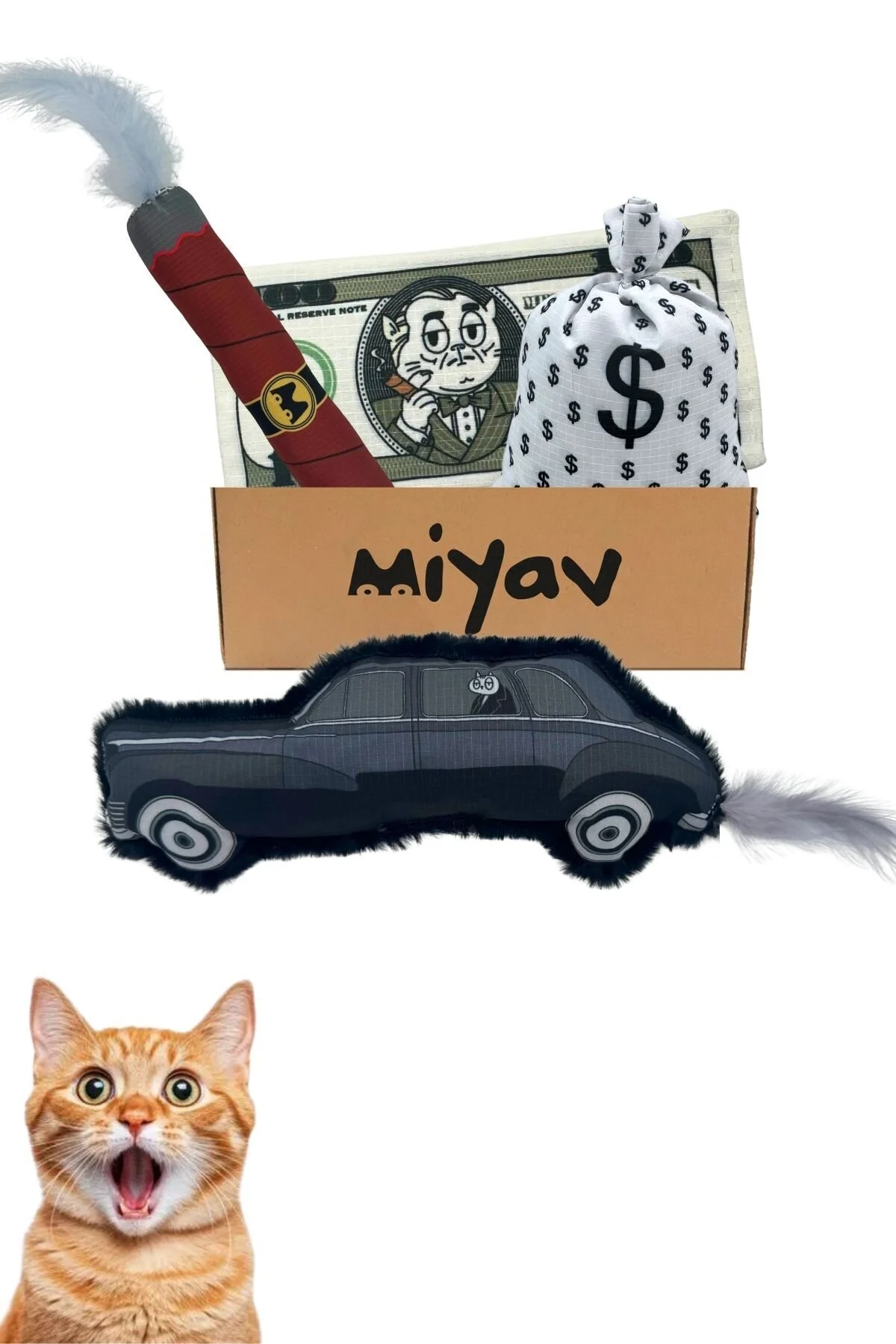 اسباب بازی گربه ست مخمل دار 4 تکه MAFIA MEOWS با صدا ماشین سیگار دلار گونی پول Miyav