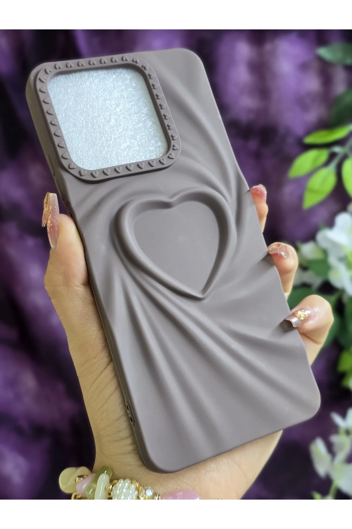 کاور و قاب سیلیکونی سه بعدی HEART BROWN سازگار با REALME C63 C61 Magic Ring