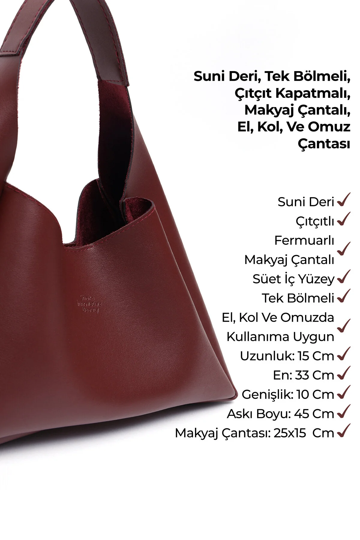 کیف شانه ای چرم مصنوعی CLARET RED SHK19 بست محکم تک محفظه آرایش زیپ دار دست بازو و Shaka