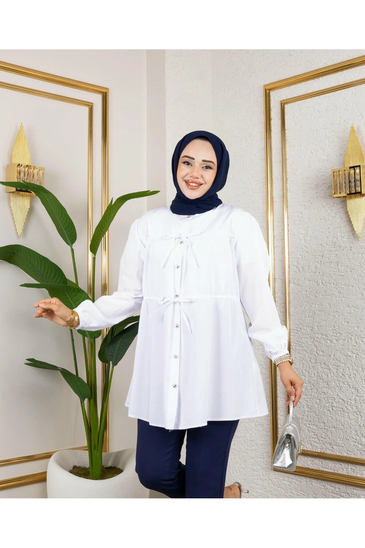 پیراهن بلوز دکمه دار زنانه سفید اورجینال HARMAN BUTİK