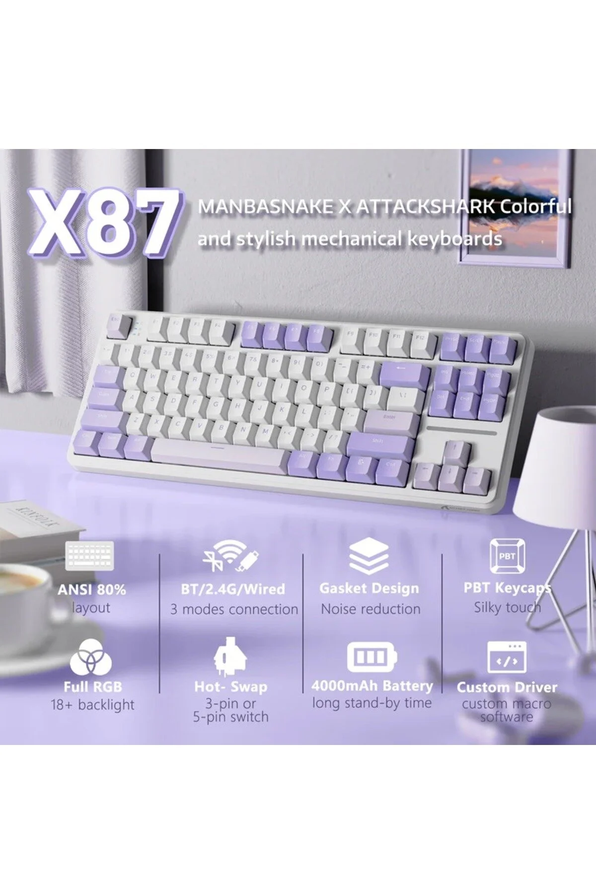 کیبورد مخصوص بازی حمله به کوسه X87 TRI MODE GASKET KEYBOARD میزان رای گیری 8000HZ روشنایی RGB و واشر Epomaker