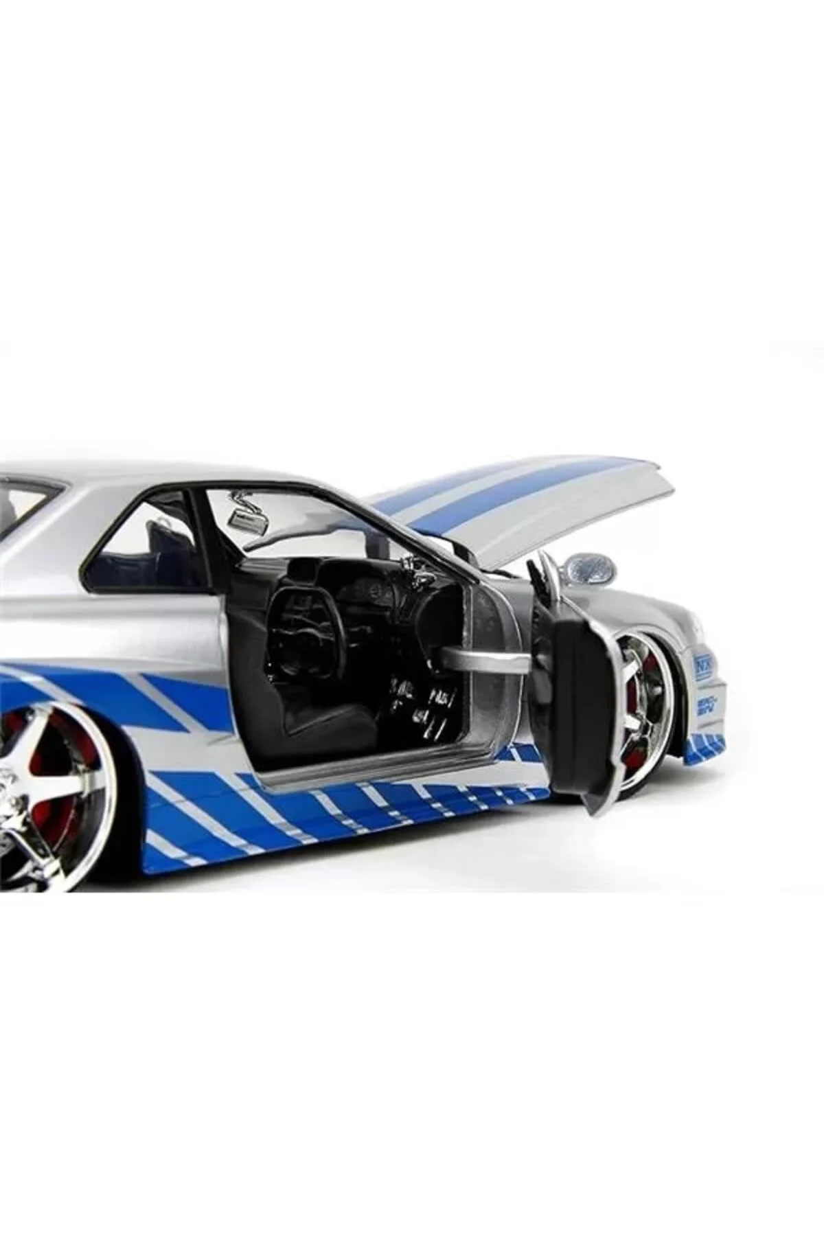 ماشین اسباب بازی های JADA FAST & FURIOUS BRIAN S 2002 NISSAN SKYLINE R34 DIE CAST CAR مقیاس 1:24 نقره و آبی Genel Markalar