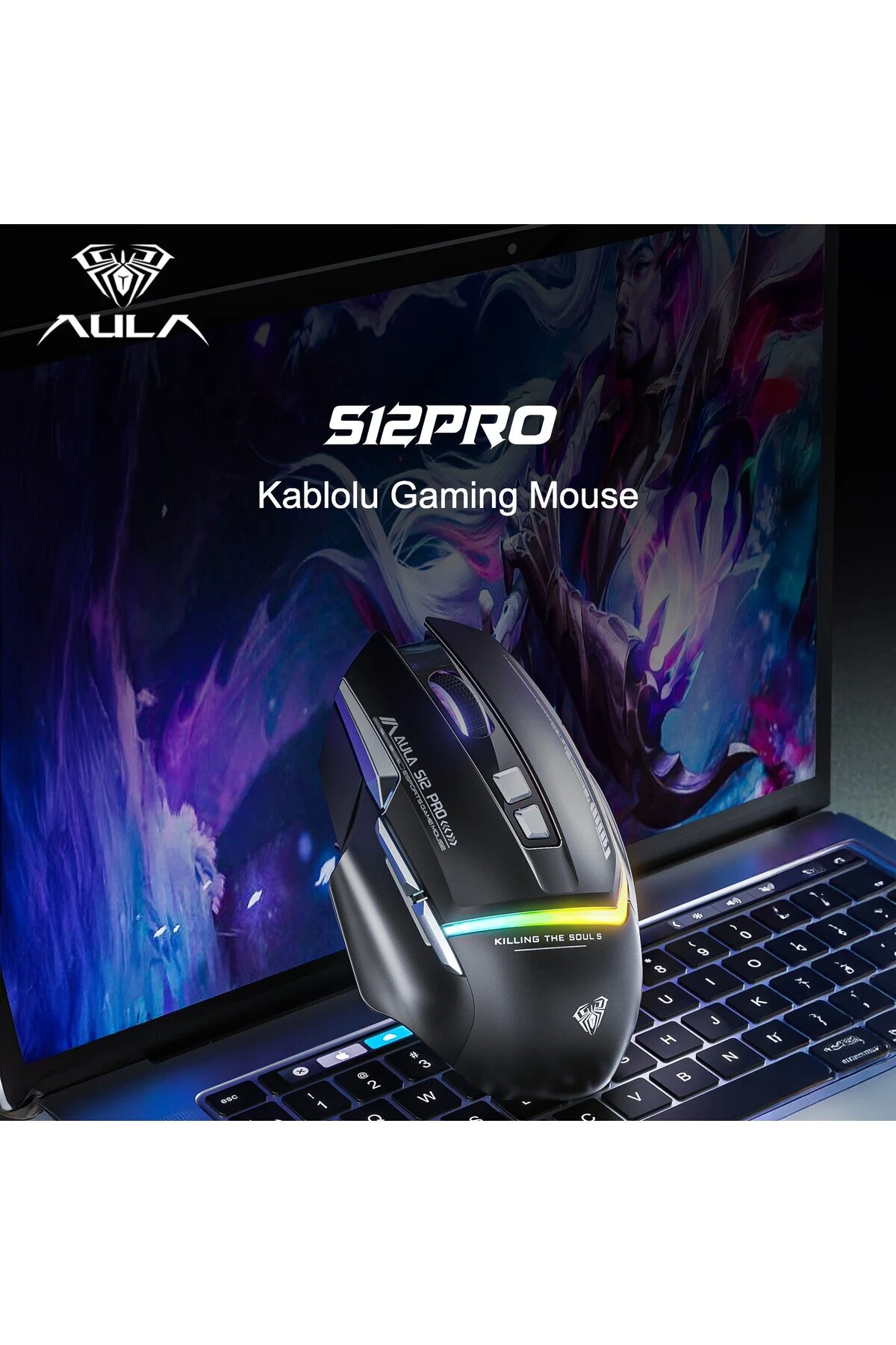 ماوس مخصوص بازی S12 PRO DPI 8 KEY MACROL WIRED نوری پخش کننده سیاه Aula