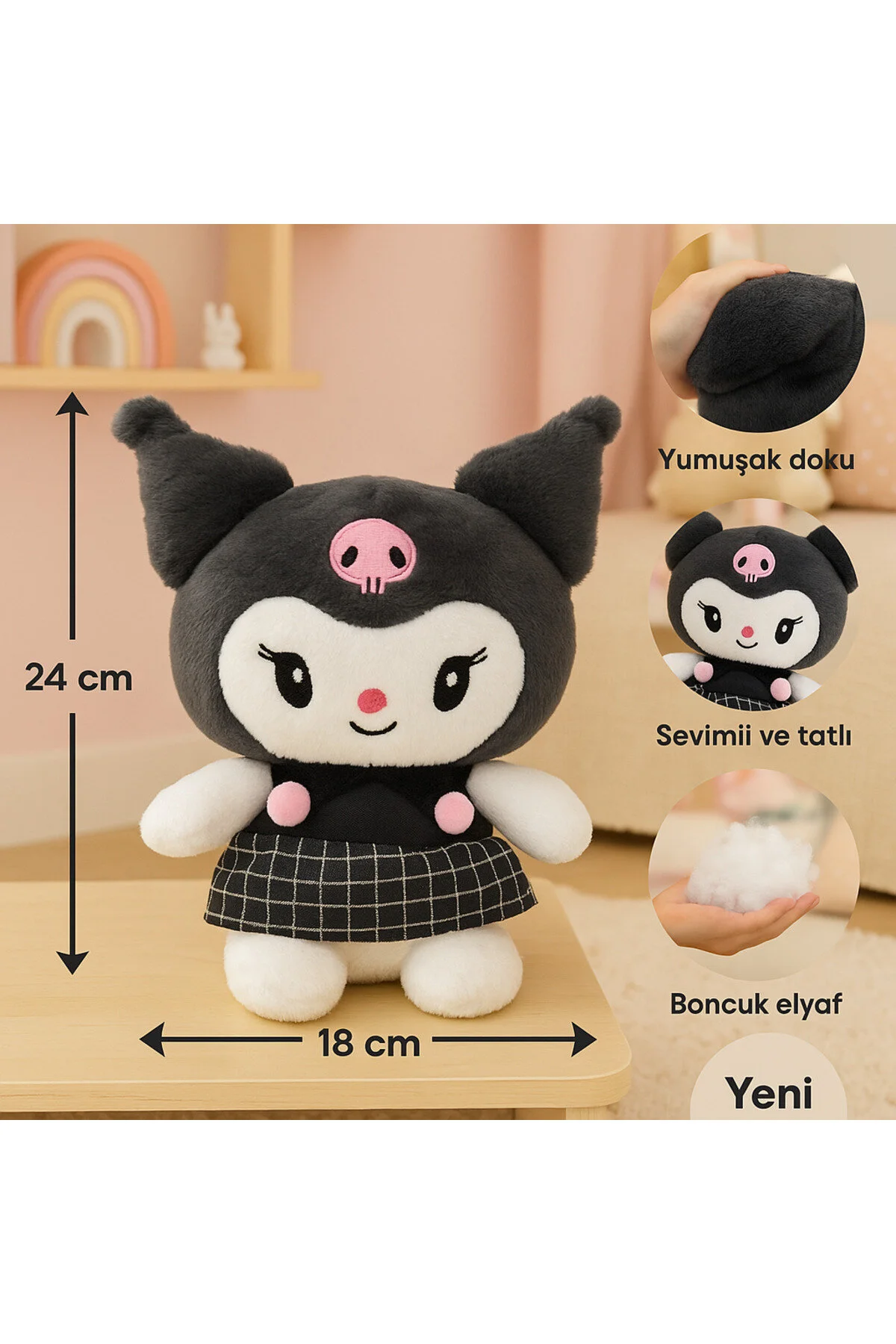 اسباب بازی های پشمی شخصیت با لباس زیبای KAWAII KUROMI ناز بافت نرم 24 سانتی متری HUA