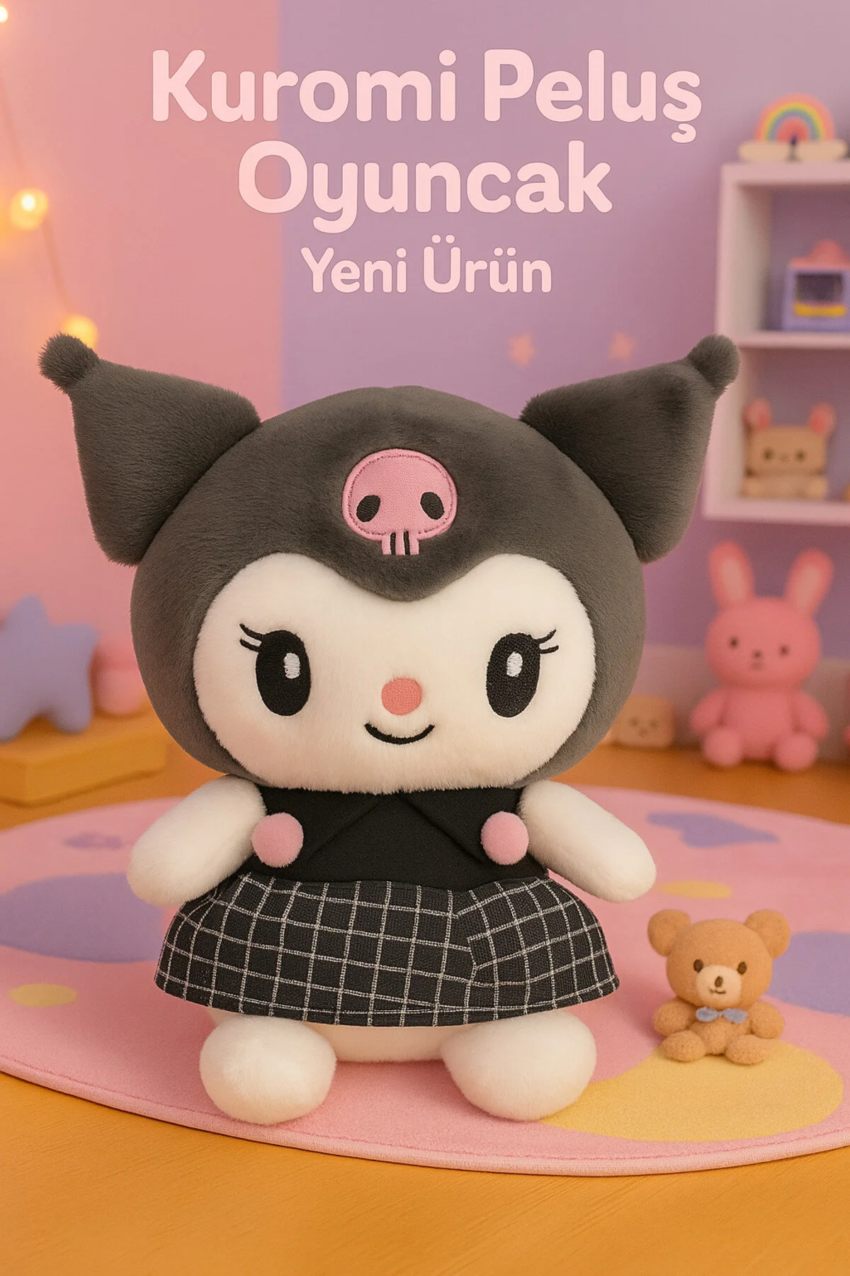 اسباب بازی های پشمی شخصیت با لباس زیبای KAWAII KUROMI ناز بافت نرم 24 سانتی متری HUA