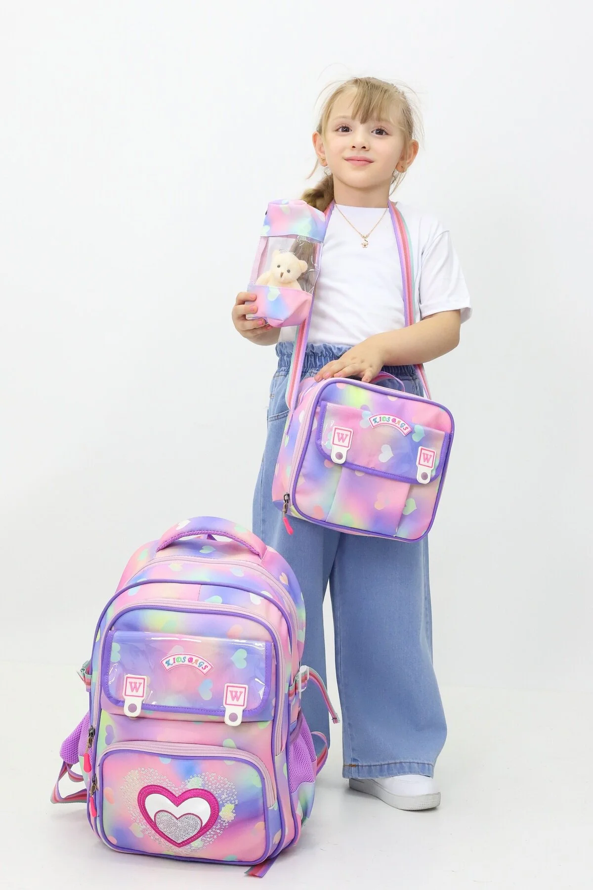 کیف مدرسه زنانه قلب 3 کیسه دختر بچه گانه تغذیه کوله پشتی Probag