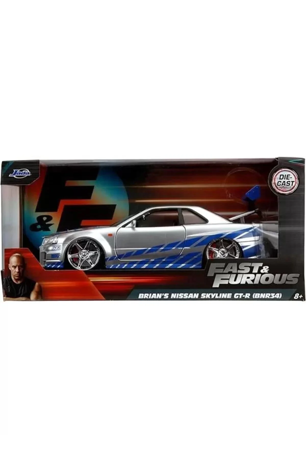 ماشین اسباب بازی های JADA FAST & FURIOUS BRIAN S 2002 NISSAN SKYLINE R34 DIE CAST CAR مقیاس 1:24 نقره و آبی Genel Markalar