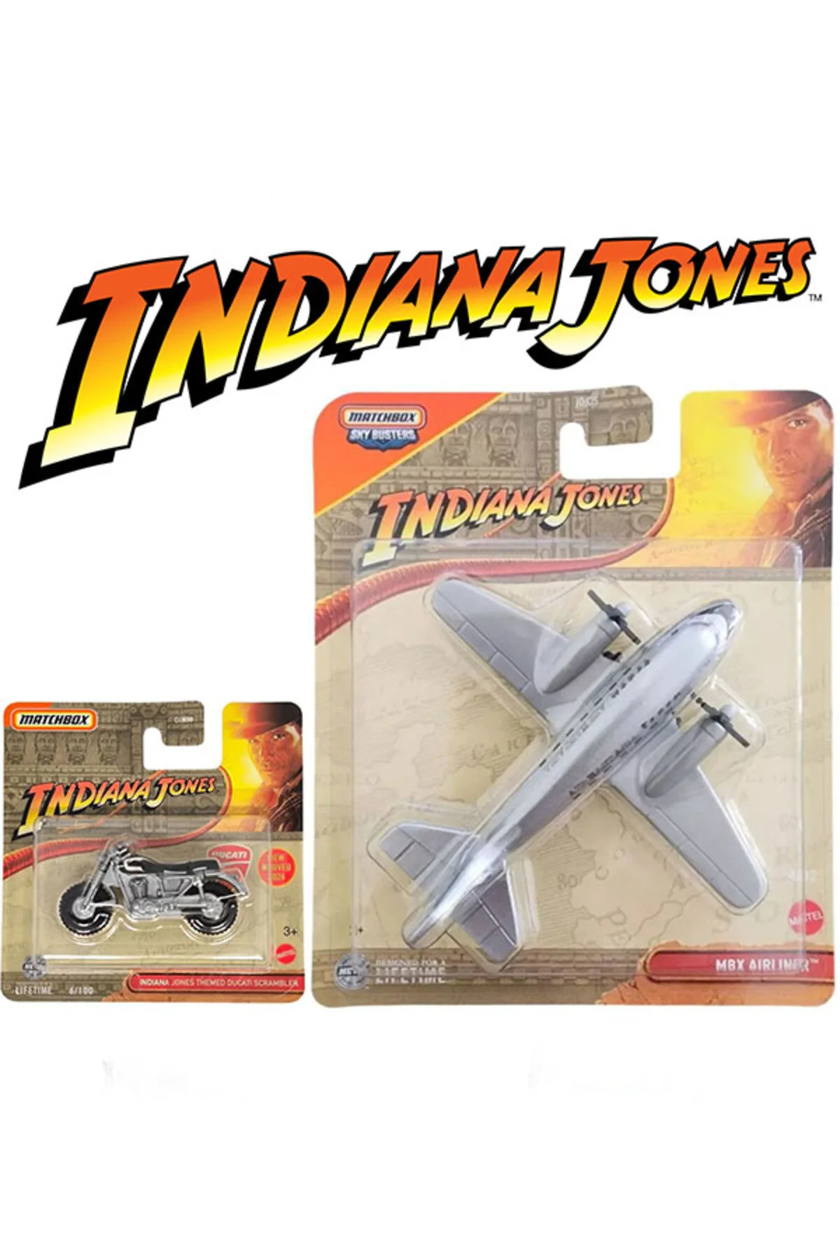 هلیکوپتر و هواپیمای اسباب بازی مجموعه وسایل نقلیه MATCHBOX 2 SKY BUSSTERS MBX AIRLINER & INDIANA JONES با مضمون DUCATI SCRAMBLER 1 64 HOT WHEELS