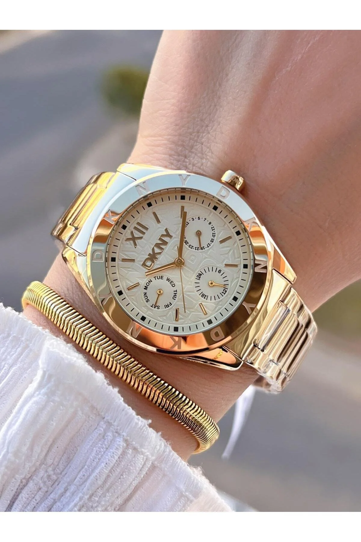 ساعت قاب و بند استیل 5 ATM ضد آب 2 سال گارانتی مچی زنانه + دستبند DKNY.015M003 اورجینال Dkny