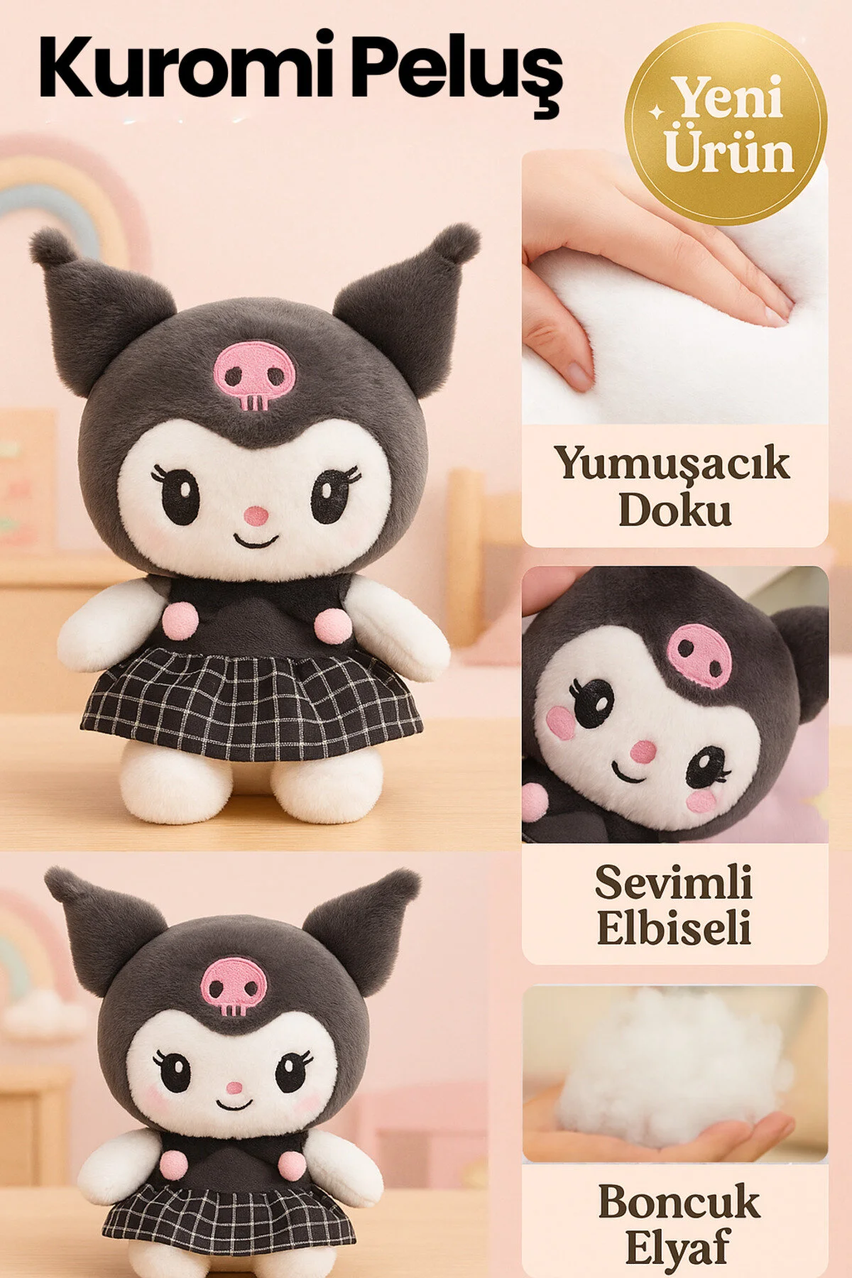 اسباب بازی های پشمی شخصیت با لباس زیبای KAWAII KUROMI ناز بافت نرم 24 سانتی متری HUA