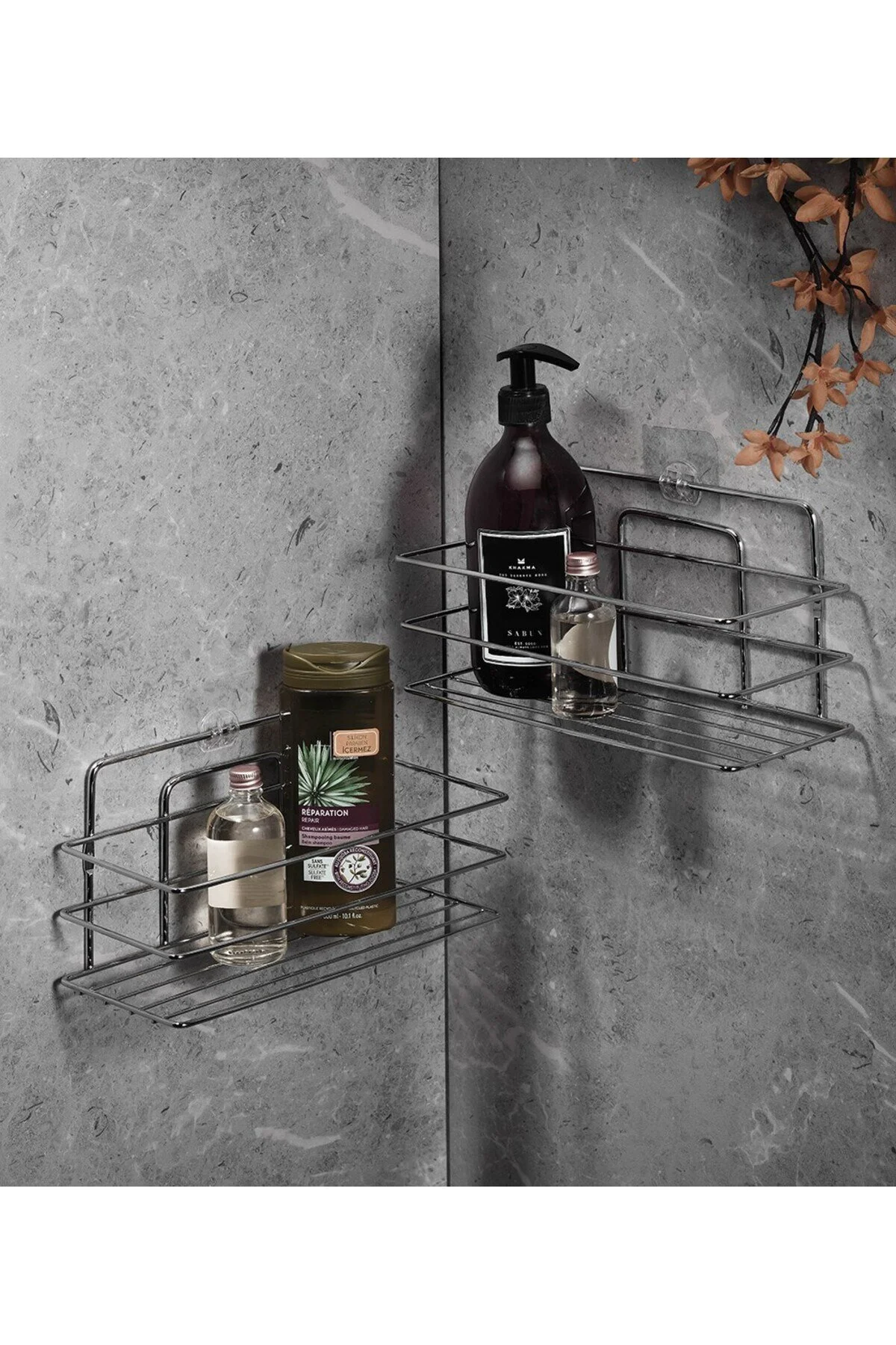 نظم‌دهنده حمام 2 قفسه چسب کروم شامپو دوش دیواری فلزی ضد زنگ VIDALA PASTE Sas Haus