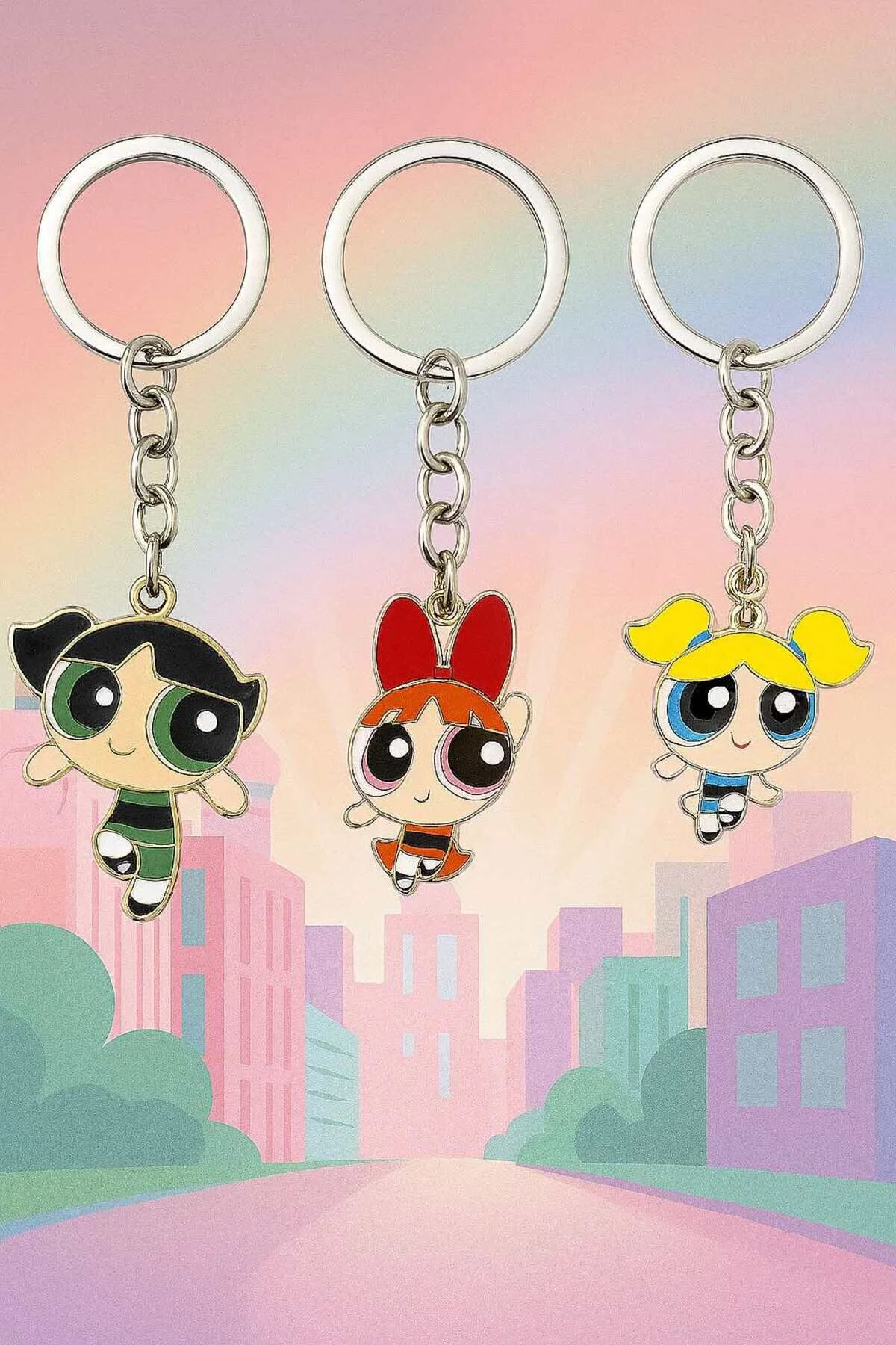 جلیقه کلید ست جاکلیدی 3 تکه POWERPUFF GIRLS BFF – اکسسوری شیک رنگارنگ بهترین دوستان Herşey Nota