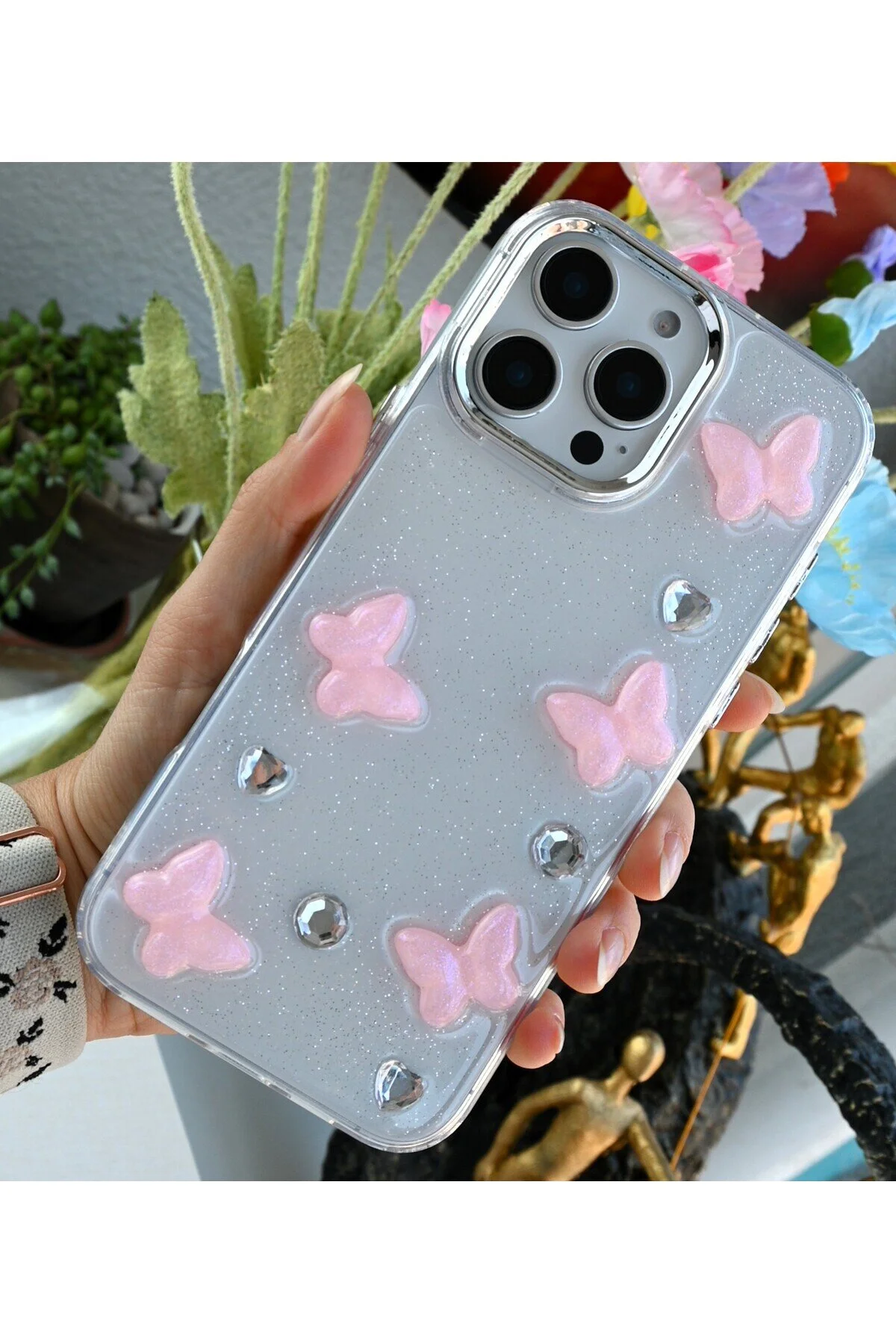 کاور و قاب اسباب بازی اپوکسی طرح سه بعدی پروانه صورتی سازگار با IPHONE 14 PROMAX Go Aksesuar