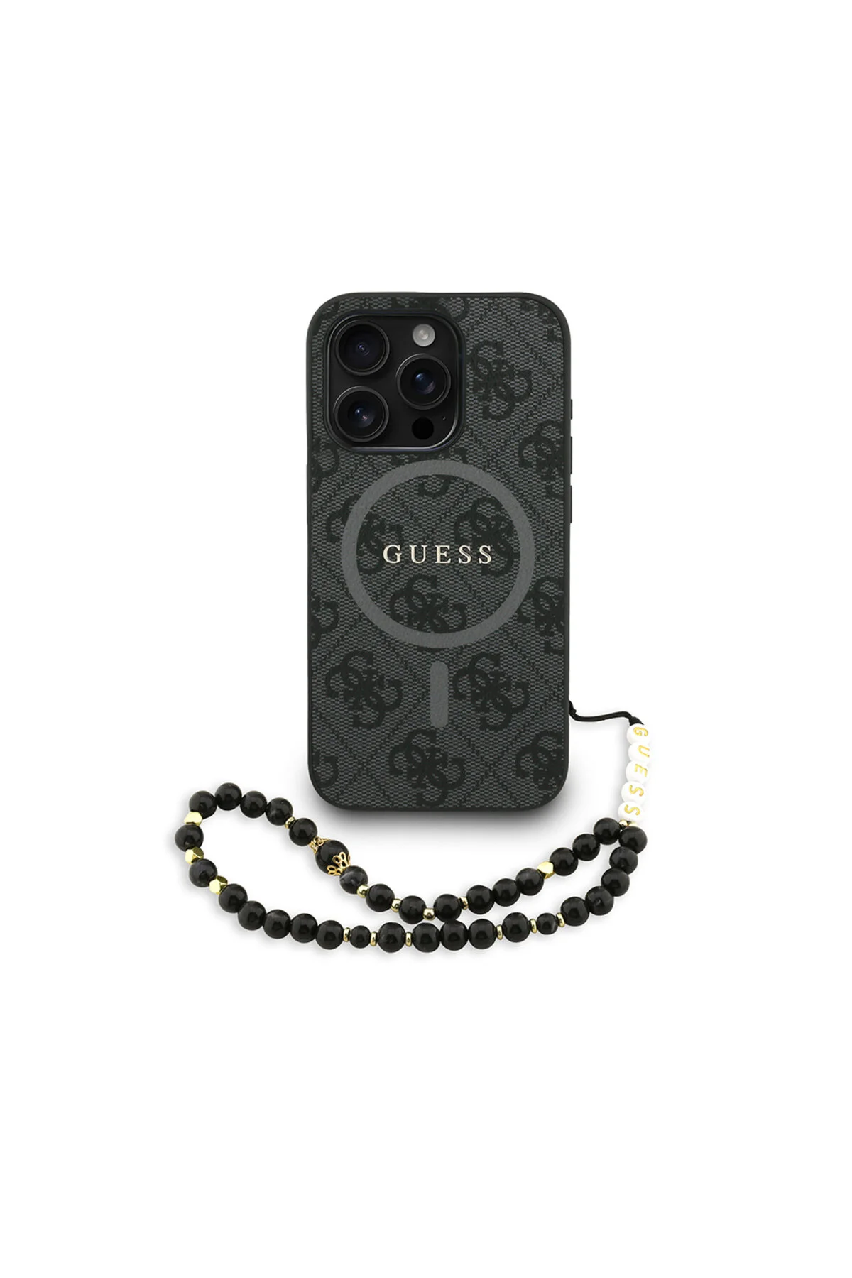 کاور و قاب سازگار IPHONE 15 PRO MAX دارای مجوز M SAFE با بند مچ کشی متنی لوگو جلد مشکی اورجینال Guess