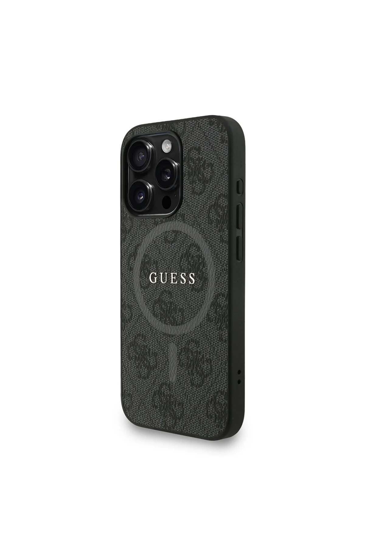 کاور و قاب سازگار IPHONE 15 PRO MAX دارای مجوز M SAFE با بند مچ کشی متنی لوگو جلد مشکی اورجینال Guess