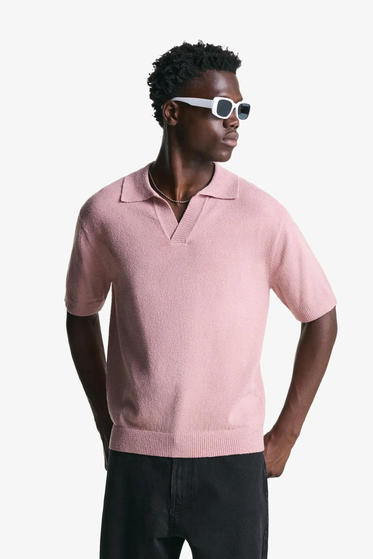 تی شرت یقه پولو پارچه حوله ای صورتی برشکا اورجینال Bershka