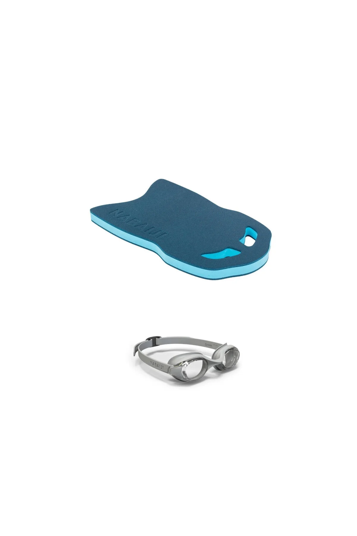 عینک شنا NABAIJI GRAY STANDARD SWIMMING LYSLES + مجموعه تخته آبی Decathlon